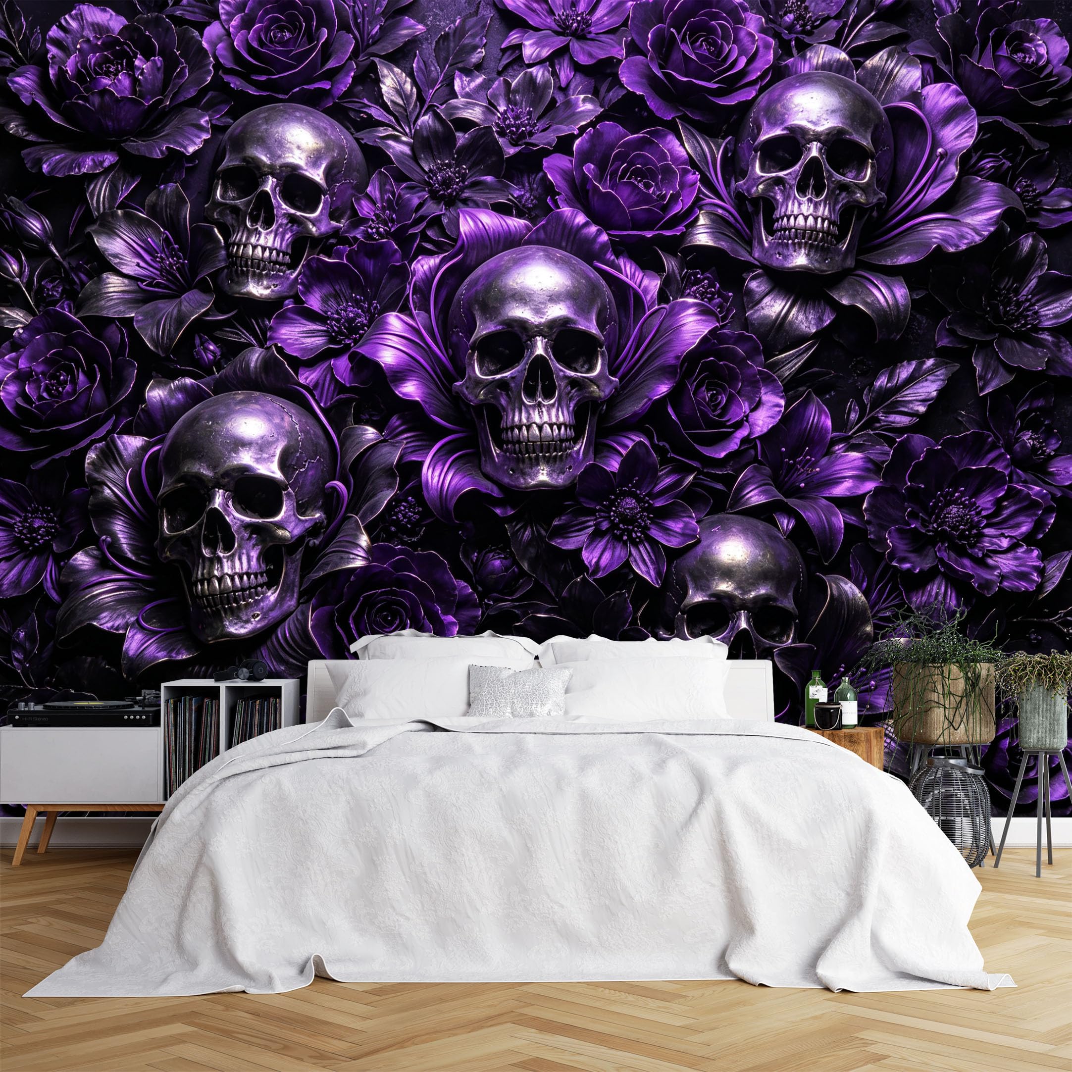 Lcythiazole Ch260615216 Custom Size Wall Murals Purple Metallic Skulls Roses Gothic Wall Covering Fabric Self-Adhesive Wall Fabric (No Pvc) Removable Wallpaper For Halloween Basement