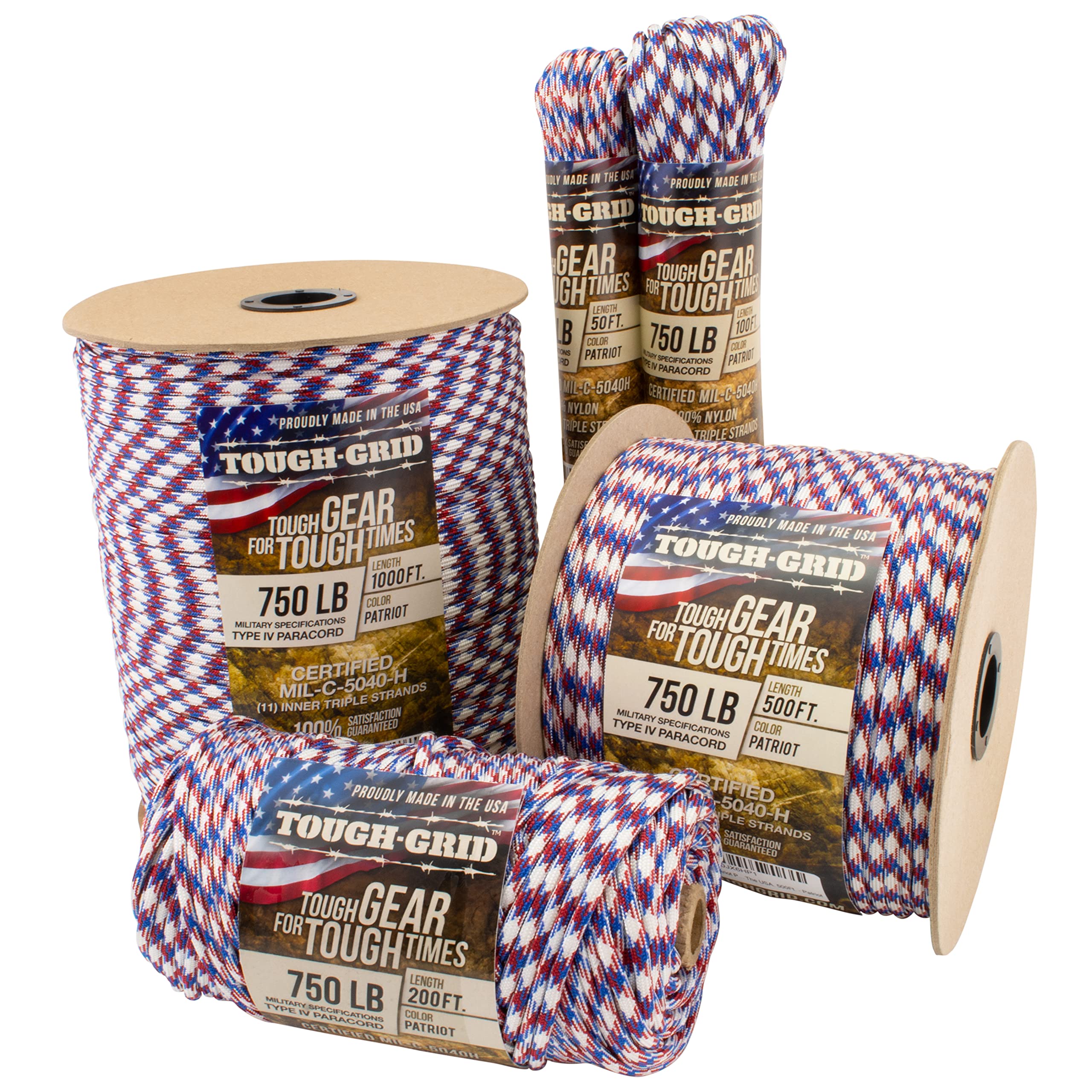 TOUGH-GRID 750lb Paracord/Parachute Cord - Genuine Mil Spec Type IV 750lb Paracord Used by The US Military (MIl-C-5040-H) - 100% Nylon - Made in The USA.