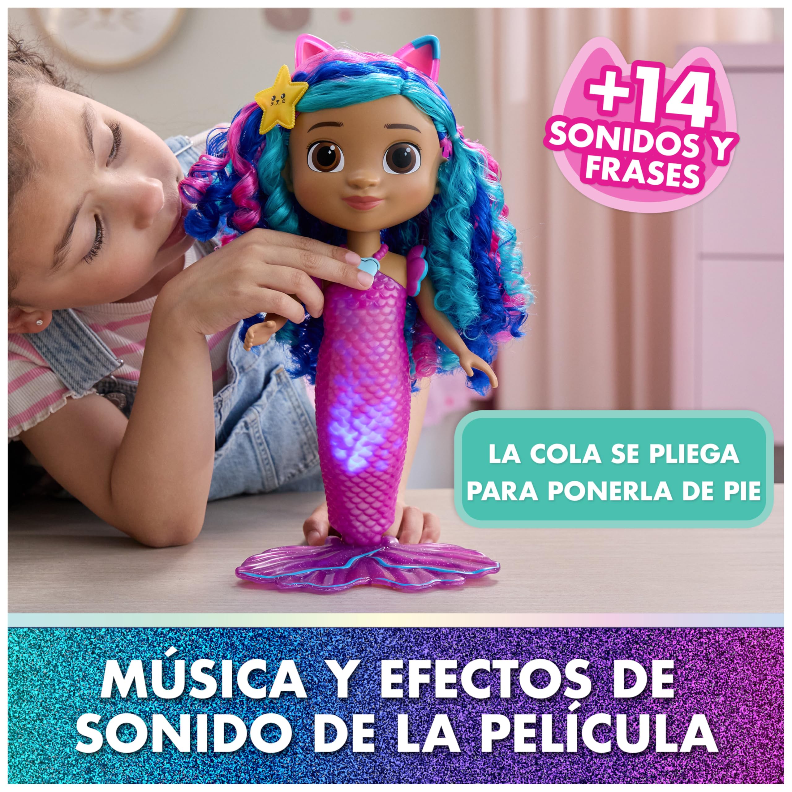 La Casa de Muñecas de Gabby - Muñeca Interactiva Gabby Sirena Canta y Brilla de la Película, con Luces y 14 Sonidos, Resistente al Agua y con Cola Que Cambia de Color - Regalo Niña 3 años +