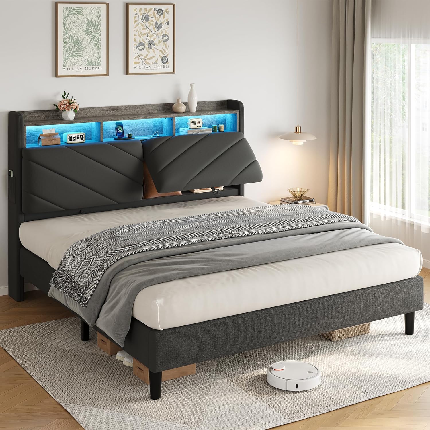 Queen Size Velvet Bed Frame with Ergonomic Headboard, Upholstered Platform Bed with LED Light & Charging Station, Wooden Slats Support, Noise-Free, No Box Spring Needed (Grey)