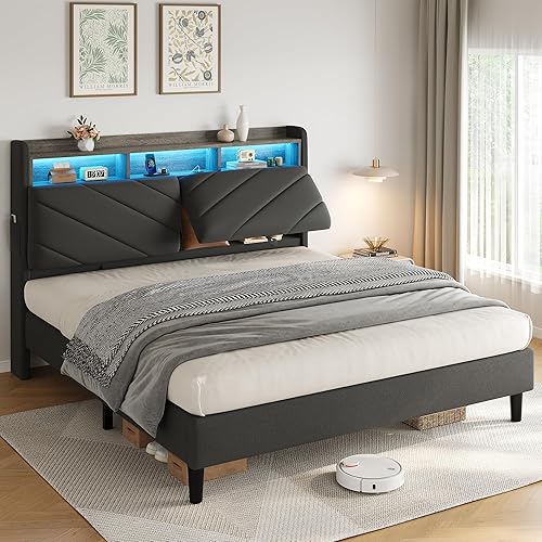 Base de cama de terciopelo de tamaño matrimonial con cabecera ergonómica, plataforma tapizada con luz LED y estación de carga, soporte de listones