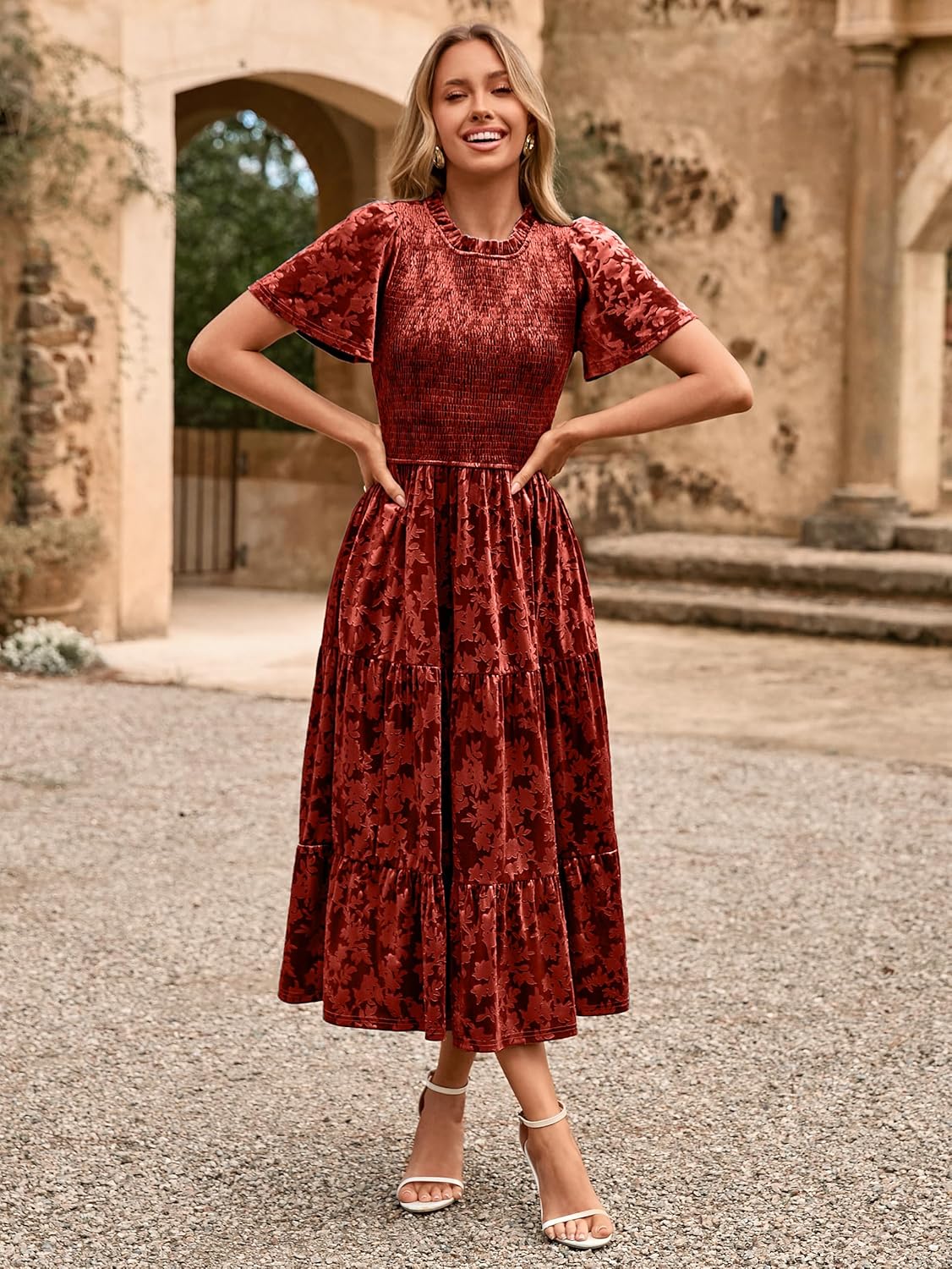 Simplee Velvet Dress for Women Semi Formal Short Sleeve Floral Smocked Empire Waist Fall Winter Wedding Guest Dresses - Image 5