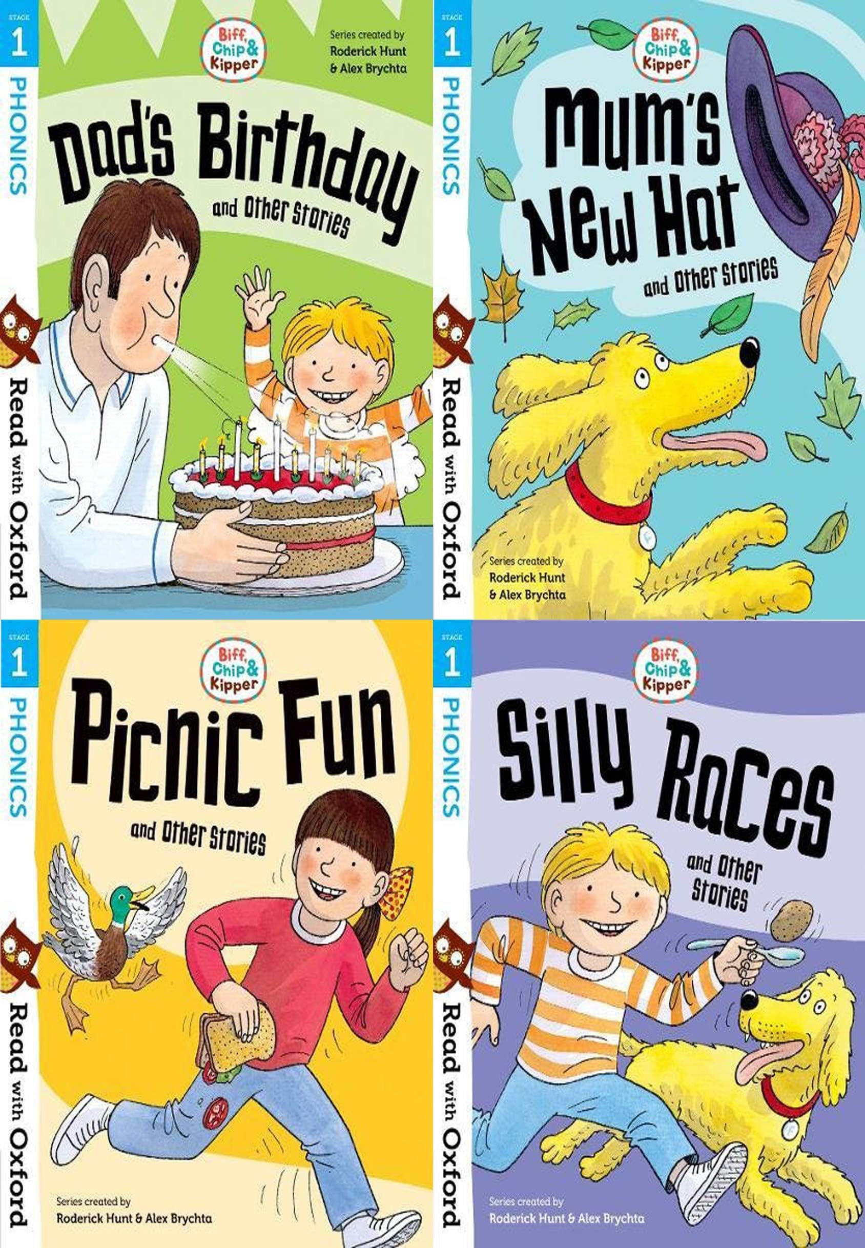 Read With Oxford Phonics (Stage 1) Biff, Chip & Kipper 4 Books Collection Set (Silly Races, Picnic Fun, Dad's Birthday, Mum's New Hat) Paperback – January 1, 2018