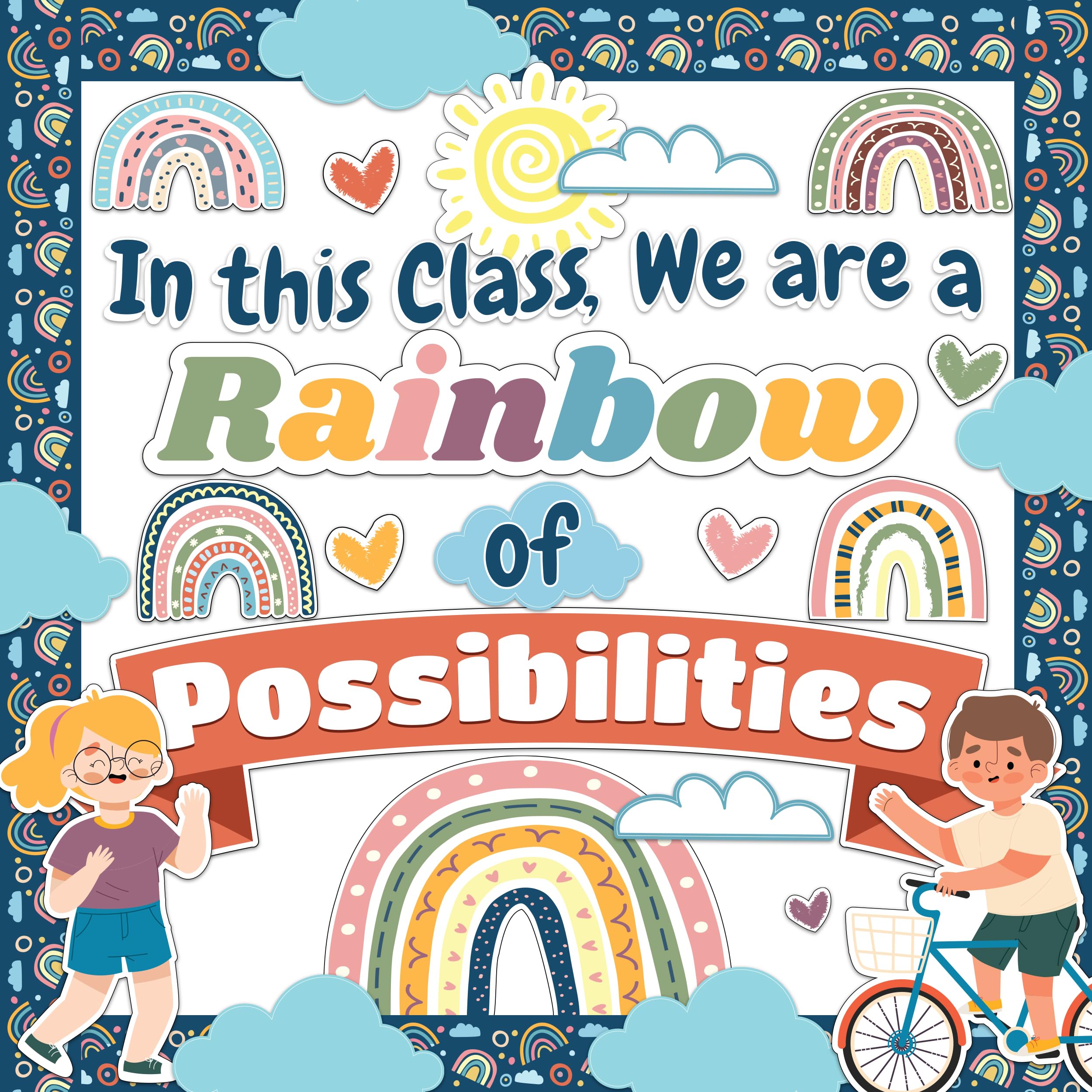 Decorably 55 Pcs Cutouts Boho Rainbow Bulletin Board Decorations Set with Borders, Boho Rainbow Classroom Decor - School, Homeschool