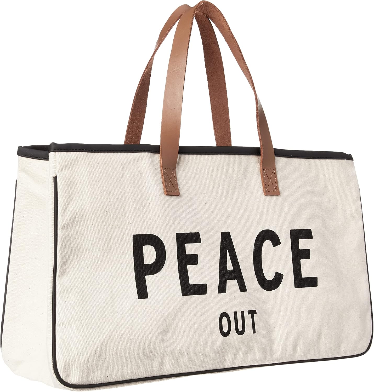 Santa Barbara Design Studio Tote Bag Hold Everything Collection Black and White 100% Cotton Canvas with Genuine Leather Handles, Large, Peace Out