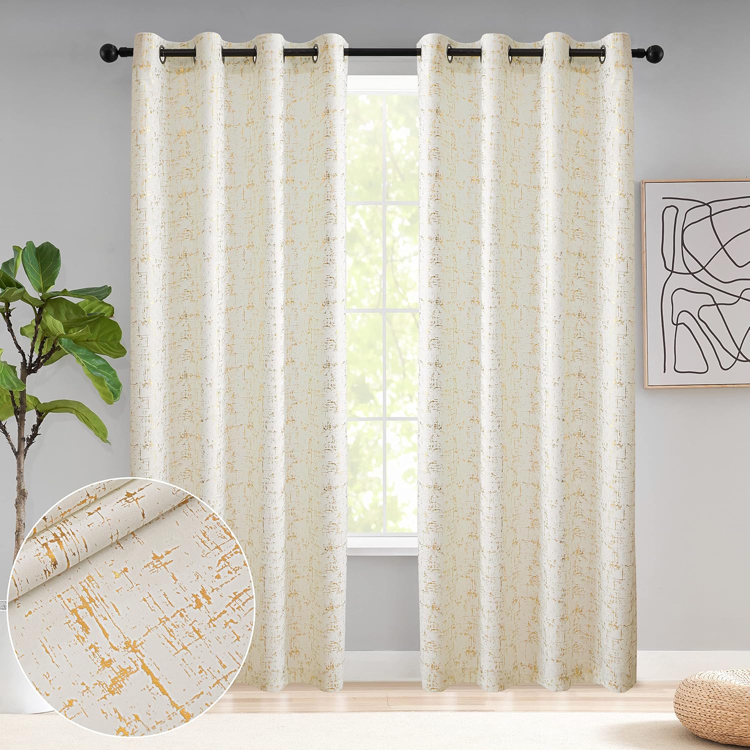 Taisier Home Gold Foil Print Linen Textured Curtains