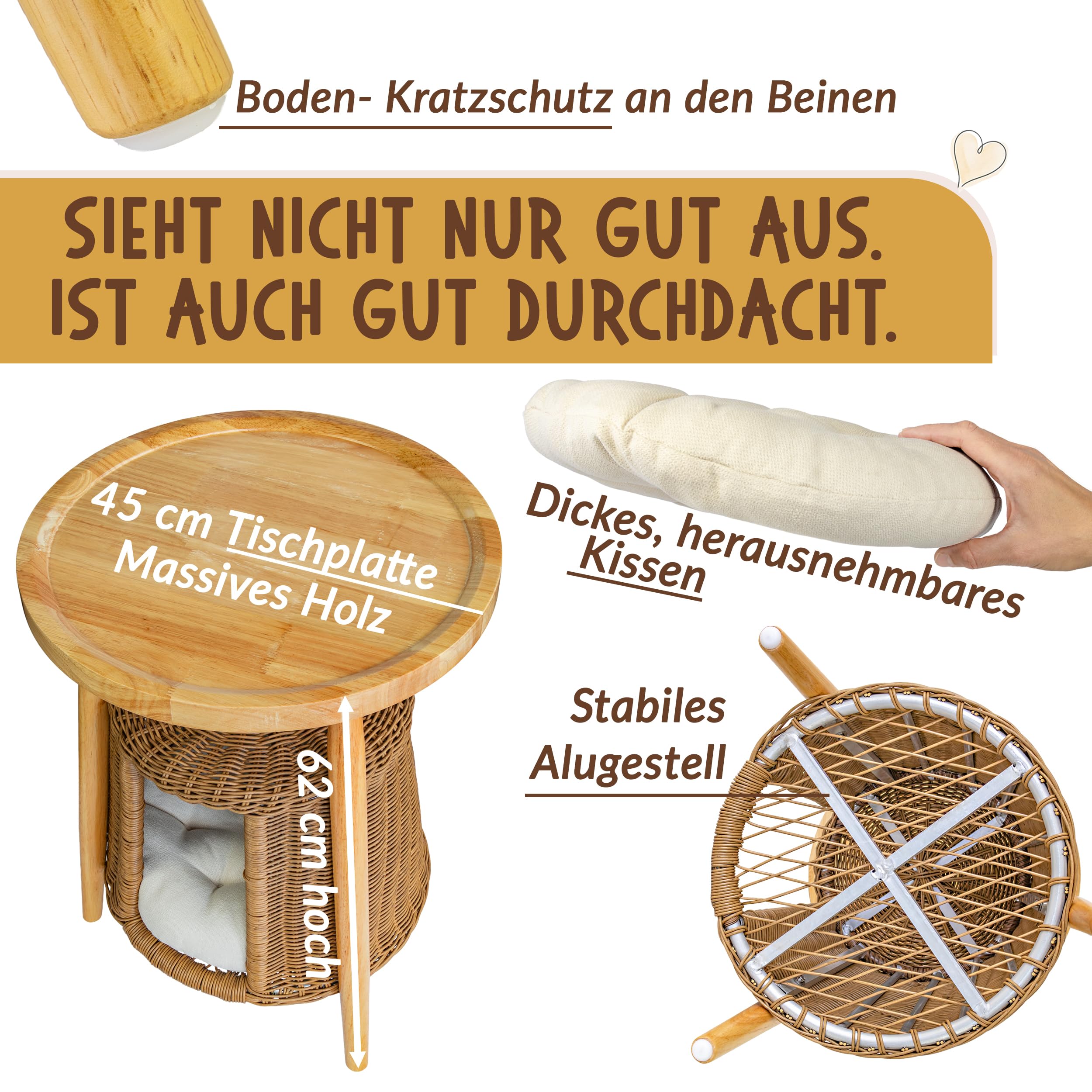 Petigi Katzentisch Beistelltisch Rattan Katzenhöhle Katzenbett Couchtisch | aus Holz und Rattan, Natur, 47 x 44 x 62 cm, waschbares Kissen, kippelt nicht, Massivholz