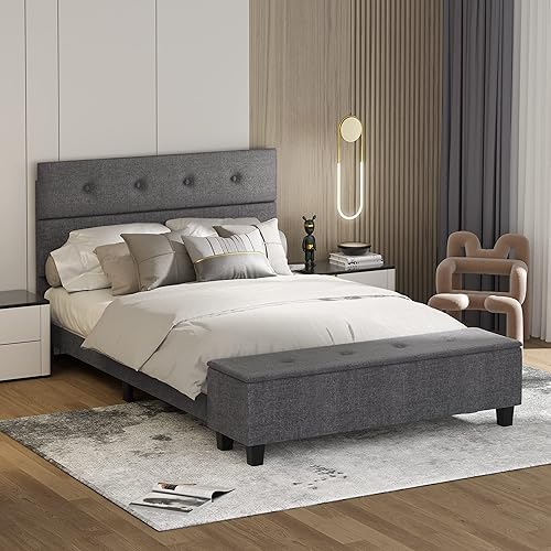 KOMFOTT Base de cama tapizada de tamaño matrimonial con almacenamiento otomano, base de colchón moderna con cabecera copetuda con botones, base de