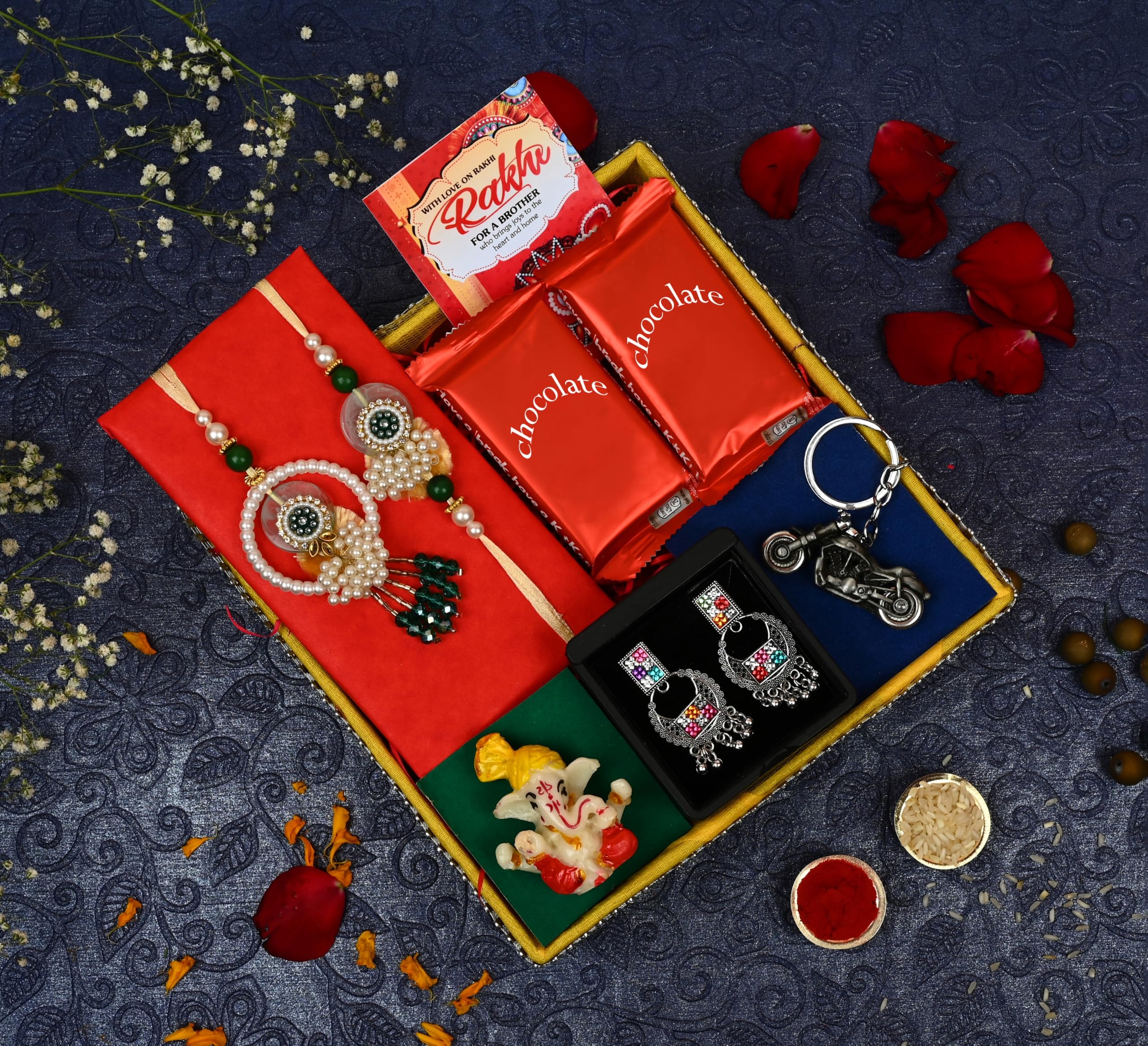 Rakhi set for brother and bhabhi/rakhi for brother and bhabhi combo-Decorated hamper+Pair rakhi+2pcs of milk chocolates+Zumki for bhabhi+Ganesha murti+bike keychain for brother+roli chawal+rakhi card-image-47