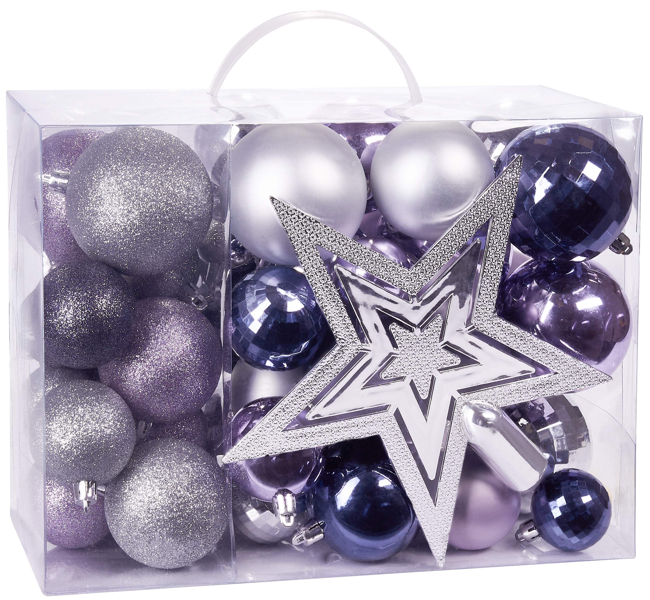 Brubaker 50ct Christmas Ball Ornaments - Shatterproof - with Tree Top - Baubles - Christmas Tree Decorations - Purple & Silver