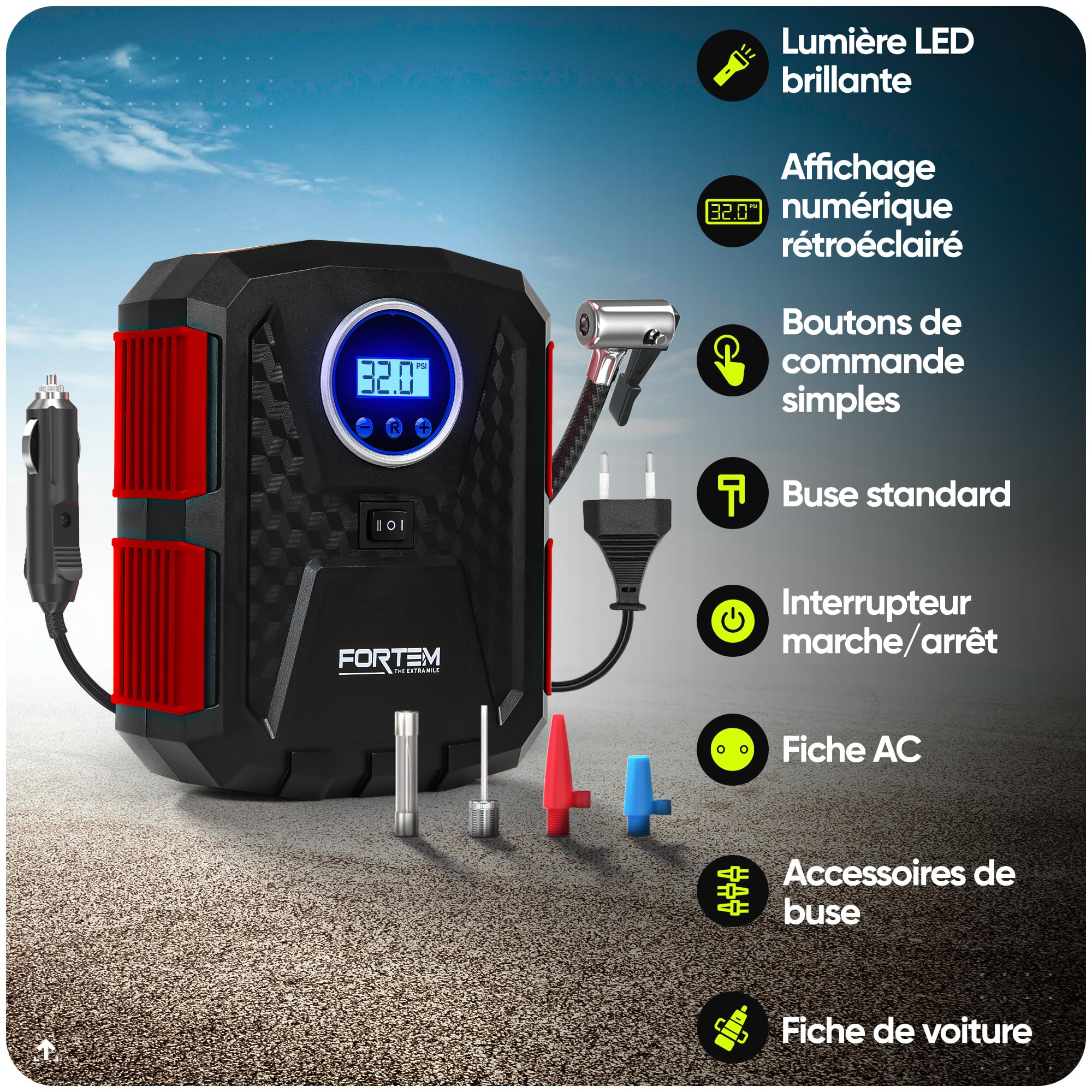 FORTEM Gonfleur pneus Voiture - Compresseur 12V - Compresseur à air portatif Automatique (150 PSI) - Gonfleur Pneu Voiture avec éclairage LED - Compresseurs d'air Portatifs - Moto & Vélo