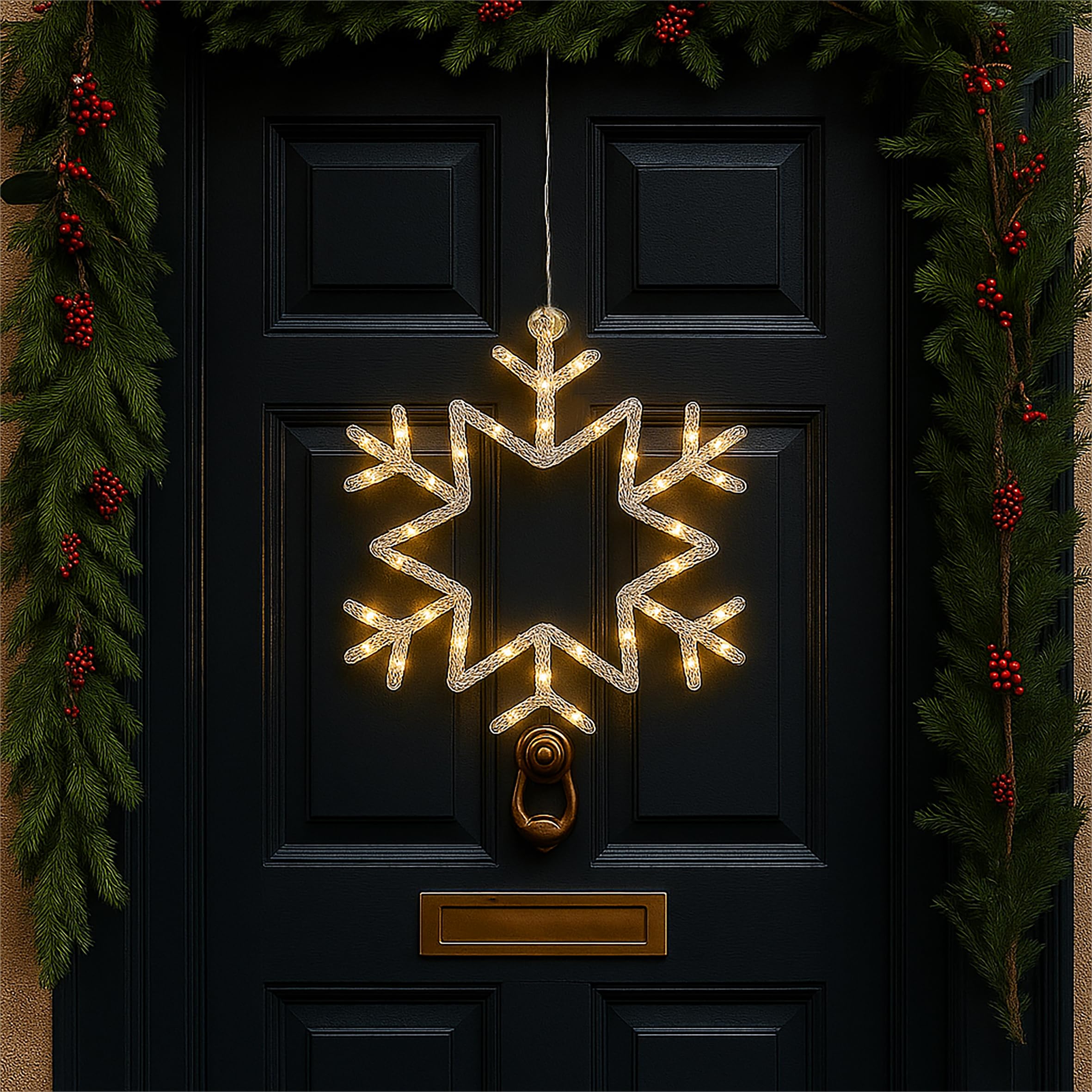 Xmas Haus Pre Lit 30 Warm White Micro LED Christmas Hanging Light with 50cm Lead, Battery Timer, Hanging Point, White Frame for Indoor Outdoor on Brackets, Ceilings, Window. Festive Lighting Snowflake