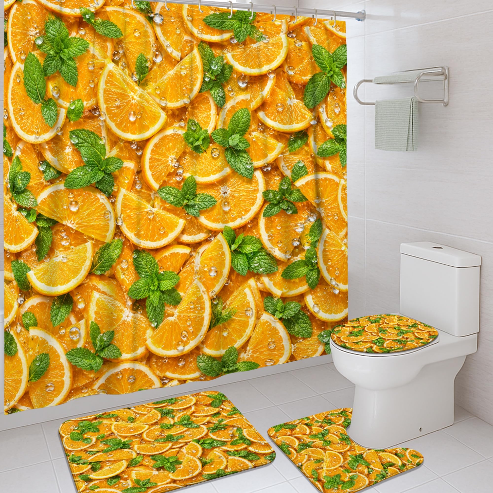 Rideau de douche et tapis orange en toile haut de gamme 183 x 183 cm