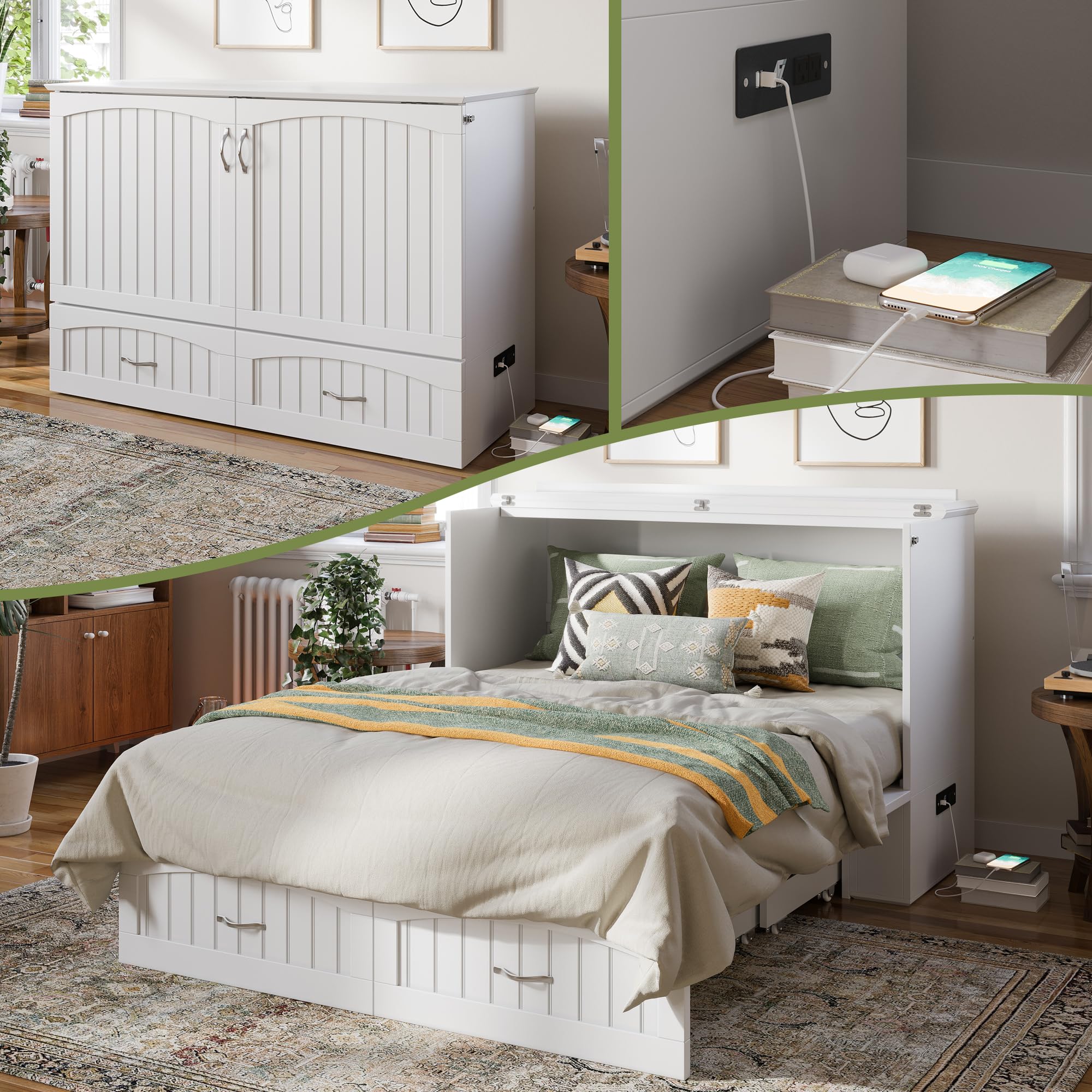 AFI Southampton Full Murphy Bed Chest with Mattress, Storage, and Built-in Charger in White