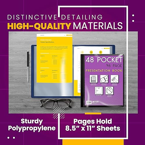 Miniatura 5 de Better Office Products Libro de presentación encuadernado con 48 bolsillos, colores surtidos, cubierta frontal transparente, 96 páginas protectoras