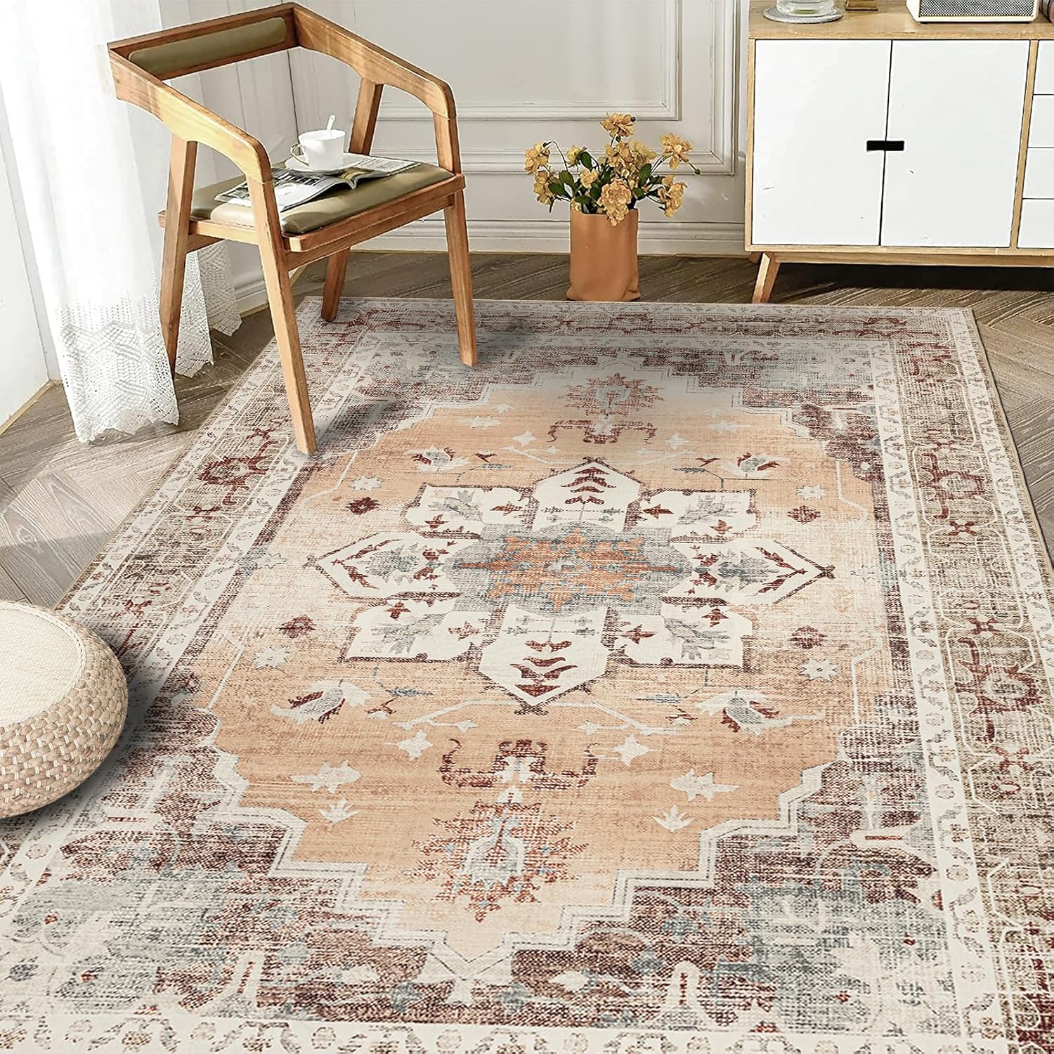 Boho Machine Washable Area Rugs, Faux Wool 4 x 6 Large Area Rugs with Non-Slip TPR Backing, 0.2" Low-Pile Neutral Area Rug Carpet for Living Room Bedroom Dining Room Nursery Office, Orange Orange 4' x 6'