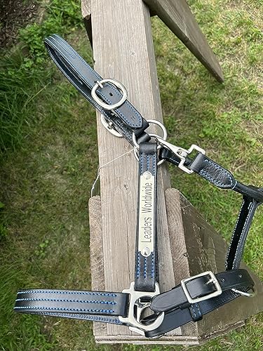 Miniatura 3 de Leaders - Cabestro de cuero para caballos con placa de nombre grabada personalizada, cabestro para caballos, puntada azul