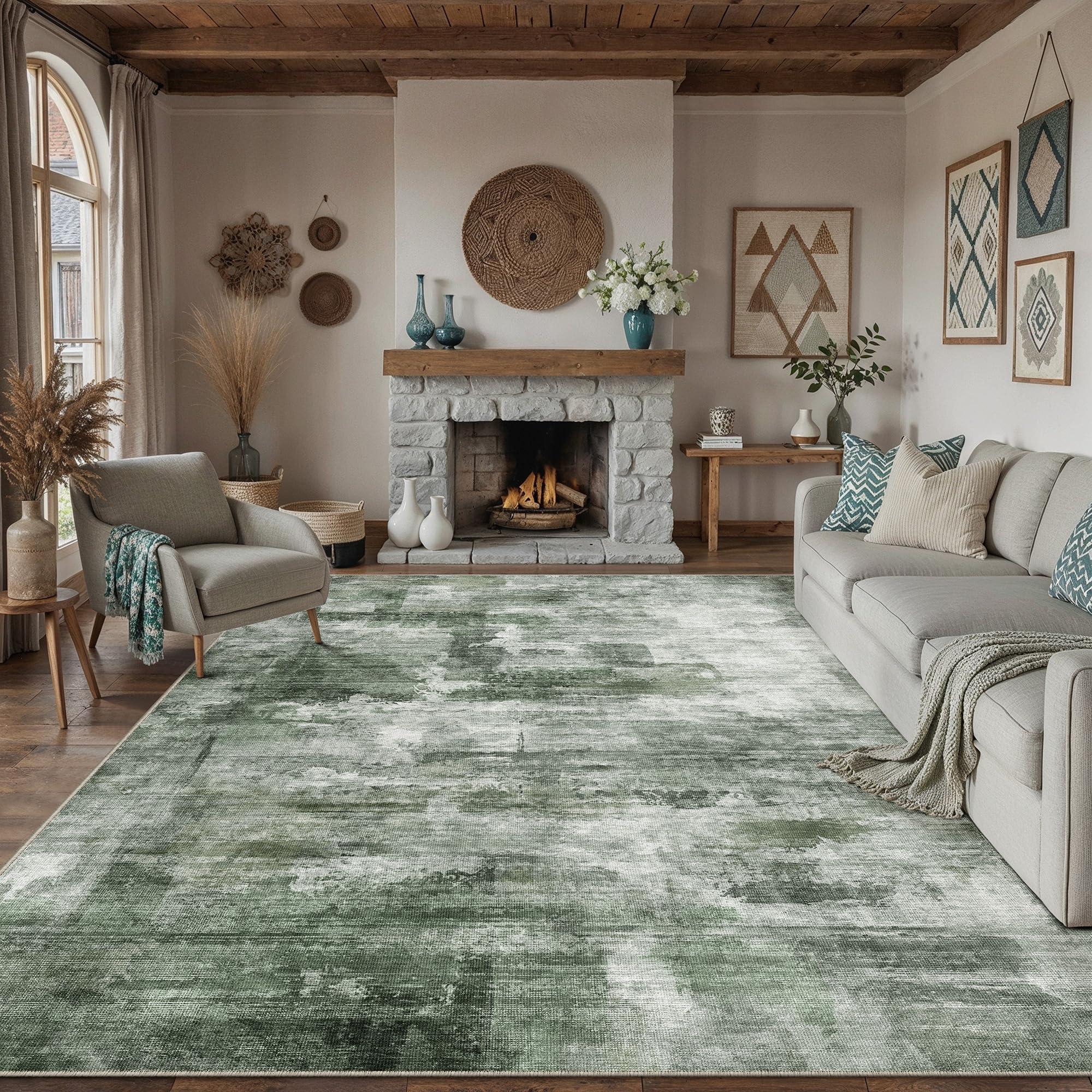 PureCozy Rugs Living Room Rug 200x300cm Dark Green Washable — image 1