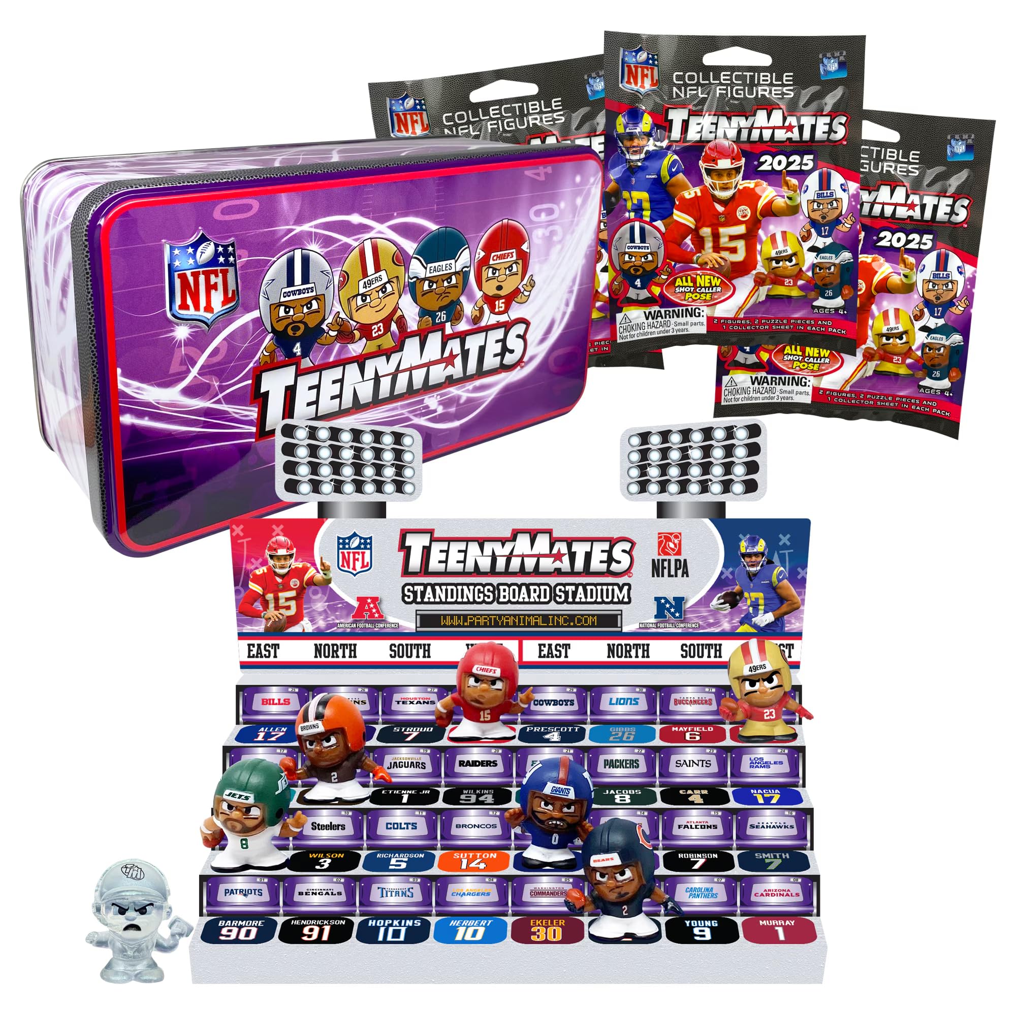 TeenymatesParty Animal NFL 2024 Series 13 Collector Tin, 7 Figures (Includes Color Rush QB), 1 Inch Tall, Team Colors