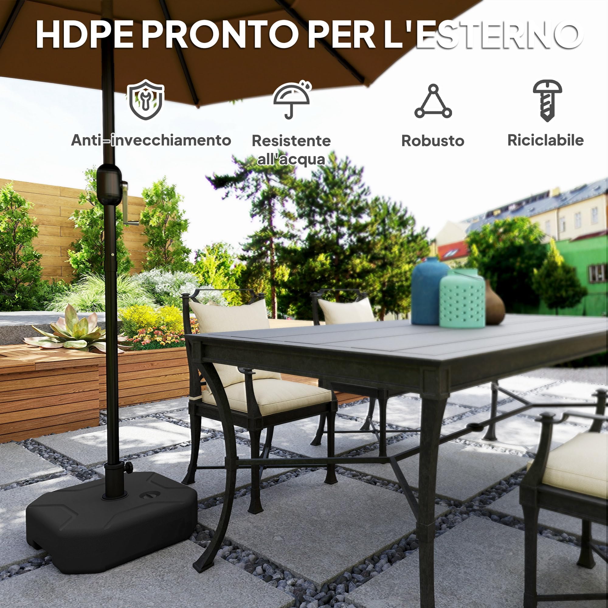 Outsunny Base per Ombrellone Quadrata, Supporto Pesante per Ombrelloni da Esterno, Riempibile con Sabbia Fino a 25kg o con Acqua Fino a 20kg, per Giardino, Piscina, Nero