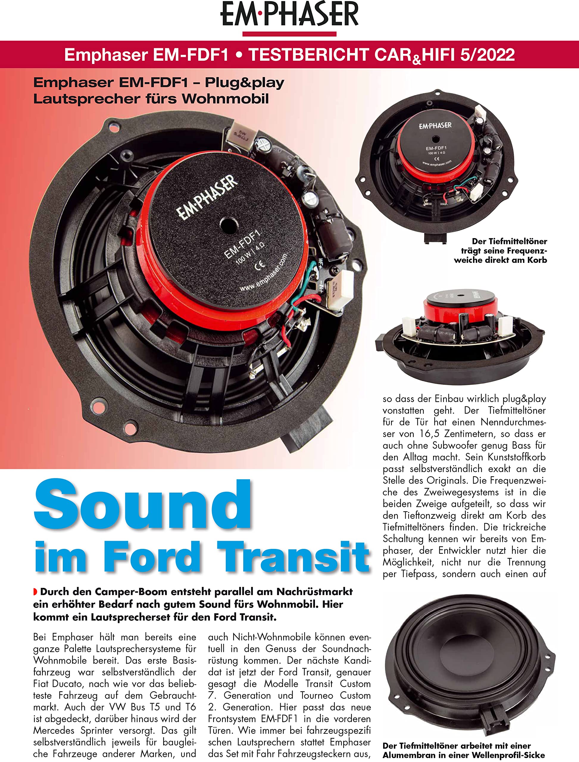 EMPHASER EM-FDF1 – Lautsprecher Set kompatibel mit Ford Transit, Transit Custom und plattformverwandten Tourneo Modelle, 16,5 cm Plug & Play Soundsystem, 2 Wege Kompo