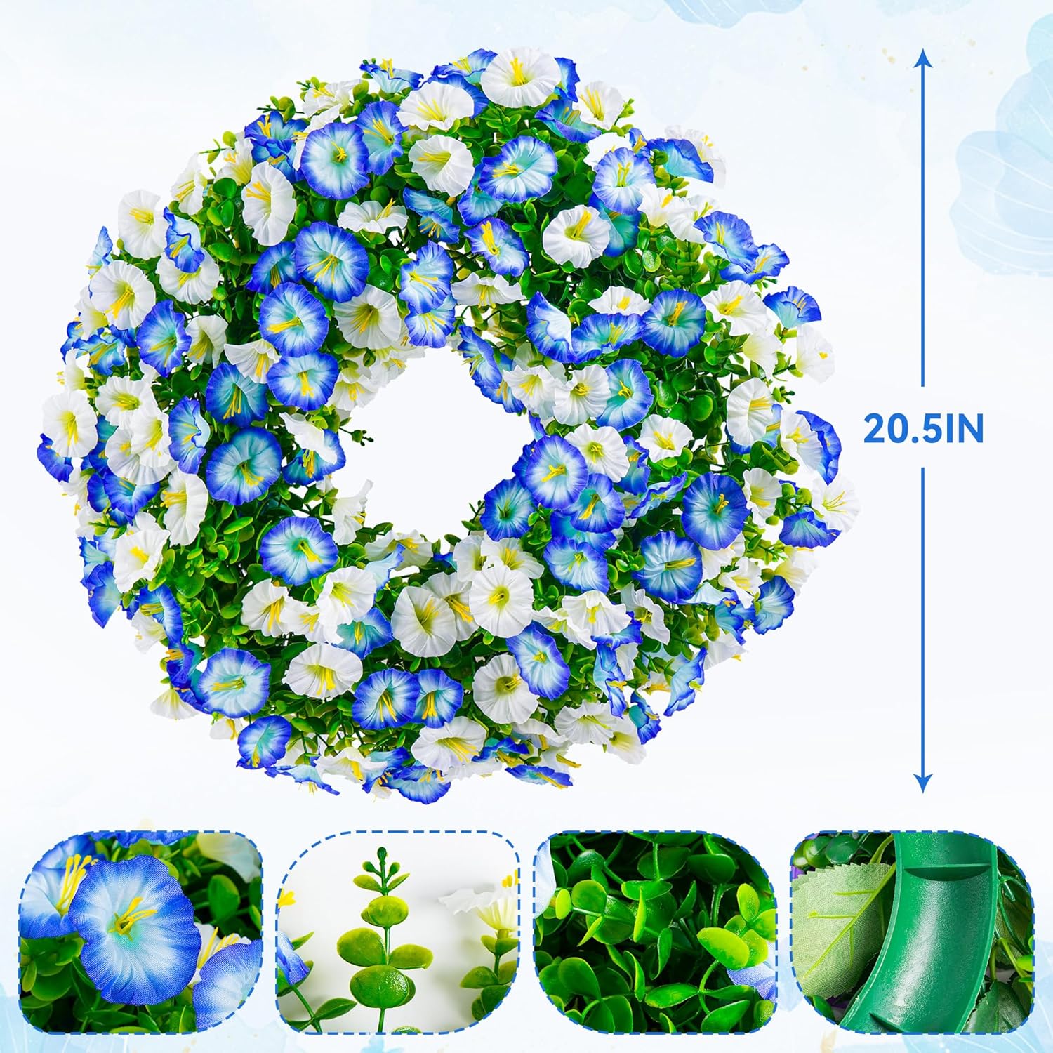 20 Inch Spring Summer Wreaths for Front Door, Artificial Fake Flowers Silk Floral Wreaths with Faux Plants Green Eucalyptus Leaves for Outdoors Farmhouse Wall Wedding (Blue and White, 17.5“)