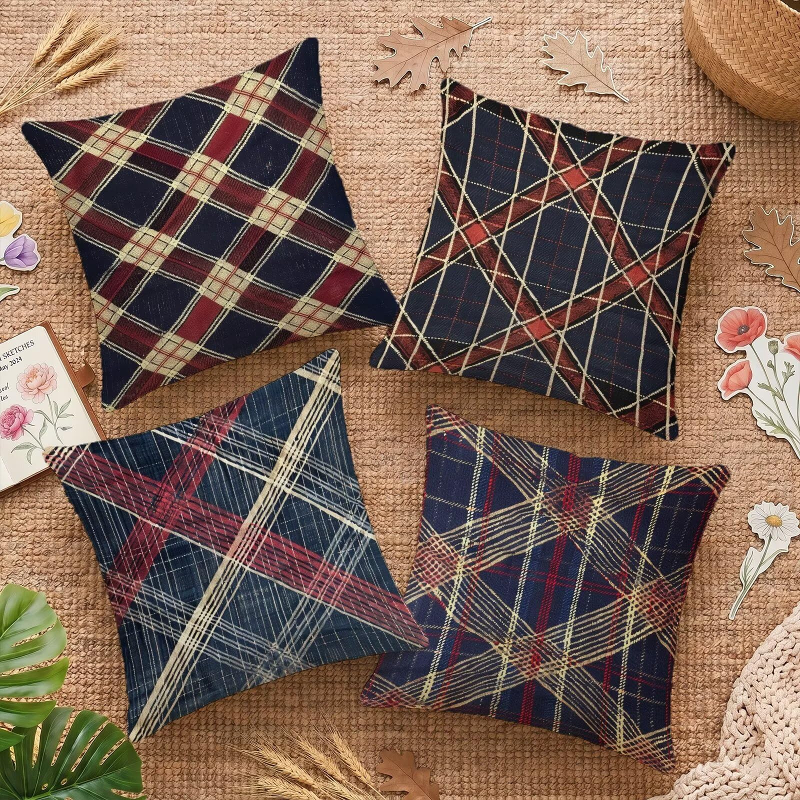 Housse de coussin 65x65 lot de 4 en lin rétro imperméable pour canapé et salon de jardin