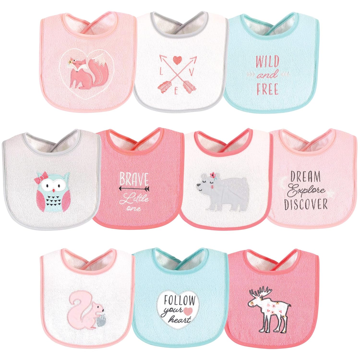 Hudson Baby Unisex Baby Cotton Terry Drooler Bibs with Fiber Filling, Girl Woodland, One Size