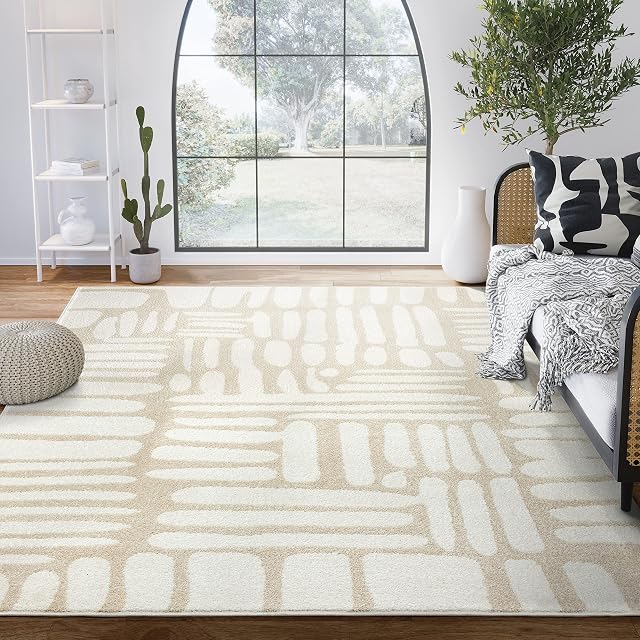 Abani Nuevo Collection Area Rug - Neutral Beige/Cream Abstract Design - 7'9" x 10'2" - Easy to Clean - Durable for Kids & Pets - Non-Shedding - Medium Pile - Soft Feel - Living Room, Bedroom & Office