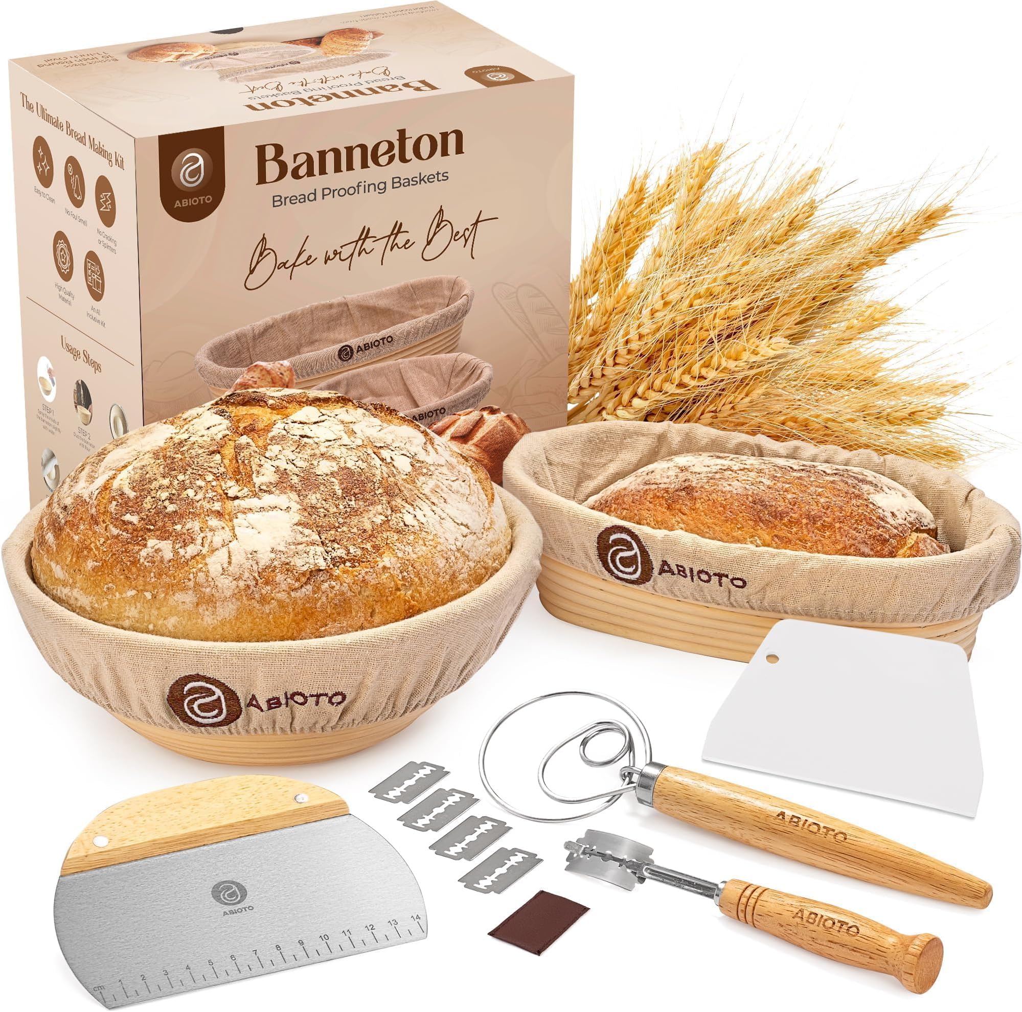 Sourdough Bread Baking Supplies and Proofing Baskets, A Complete Bread Making Kit Including 10" Round & 11" Oval Rattan Bannetons, Bread Lame, Bowl & Dough Scrapers, Danish Whisk and Linen Liners