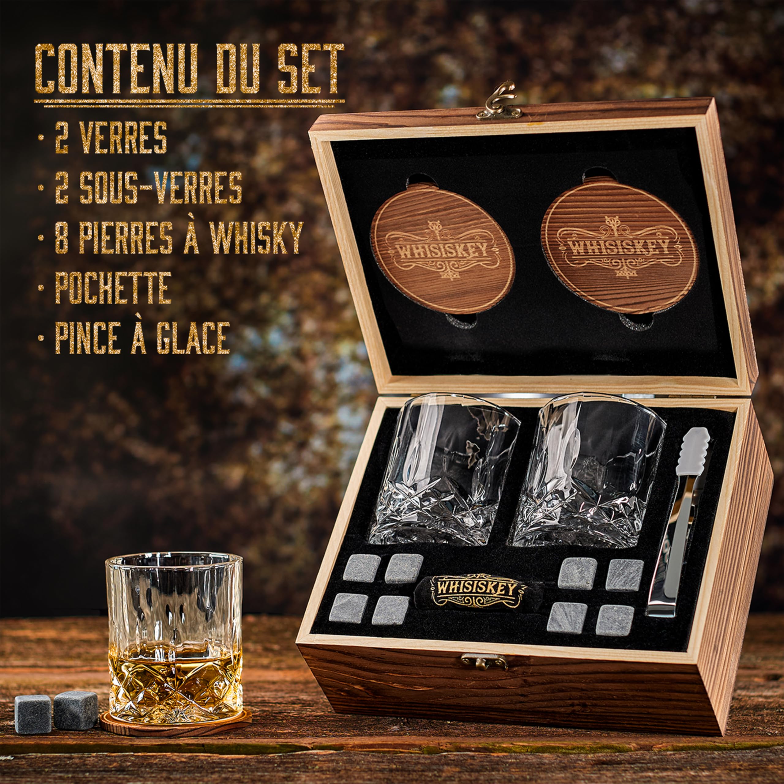 Set de Verre à Whisky Coffret Cadeau Homme 310ML 8 Pierre à Whisky