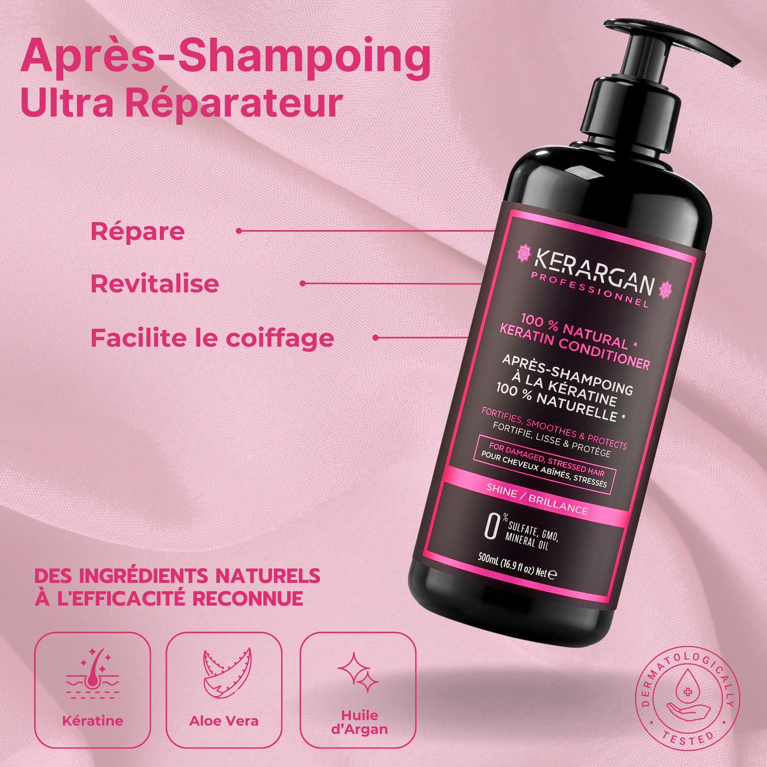 Kerargan - Ensemble Ultra Réparateur Shampoing, Après-shampoing, Masque & Sérum à la Kératine pour Cheveux Abîmés et Stressés - Revitalise & Protège - Sans Sulfate, OGM, Silicone - 3x500 ml + 100 ml