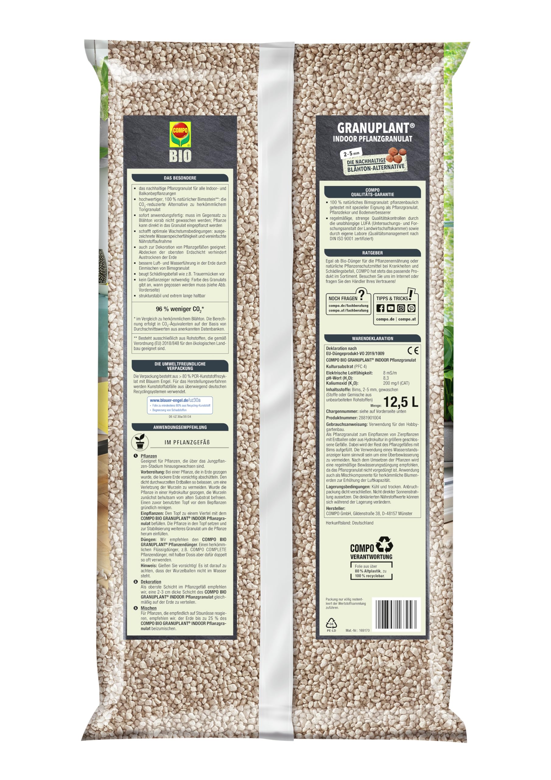 COMPO Granuplant Bio - Granuli vegetali per interni – 100% naturale in pietra pomice – grana da 2 – 5 mm – 12,5 l