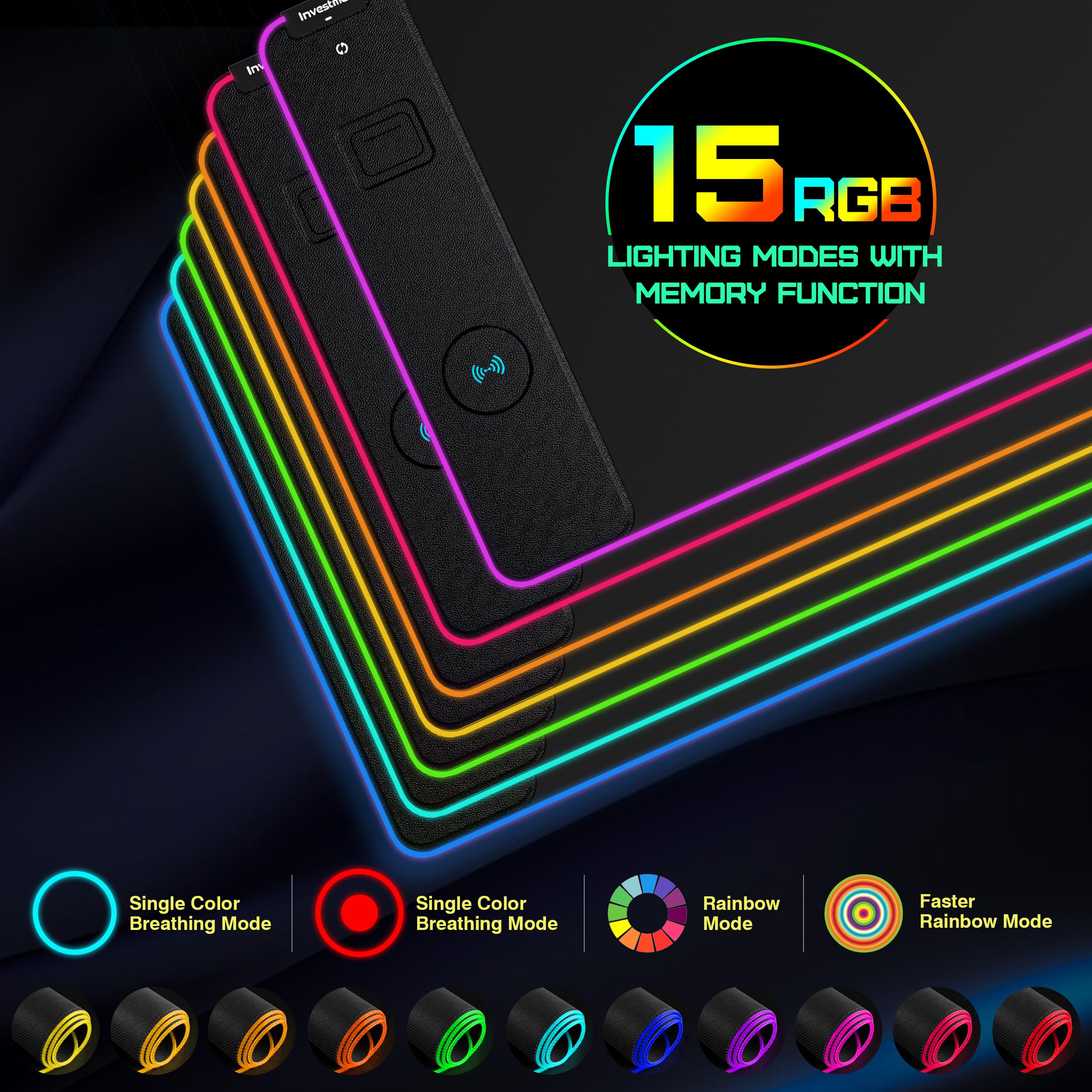 Alfombrilla de mouse RGB de carga inalámbrica para juegos, alfombrilla de mouse con carga rápida de 15 W, alfombrilla de mouse LED grande para juegos con 15 modos de luz, superficie ultrasuave