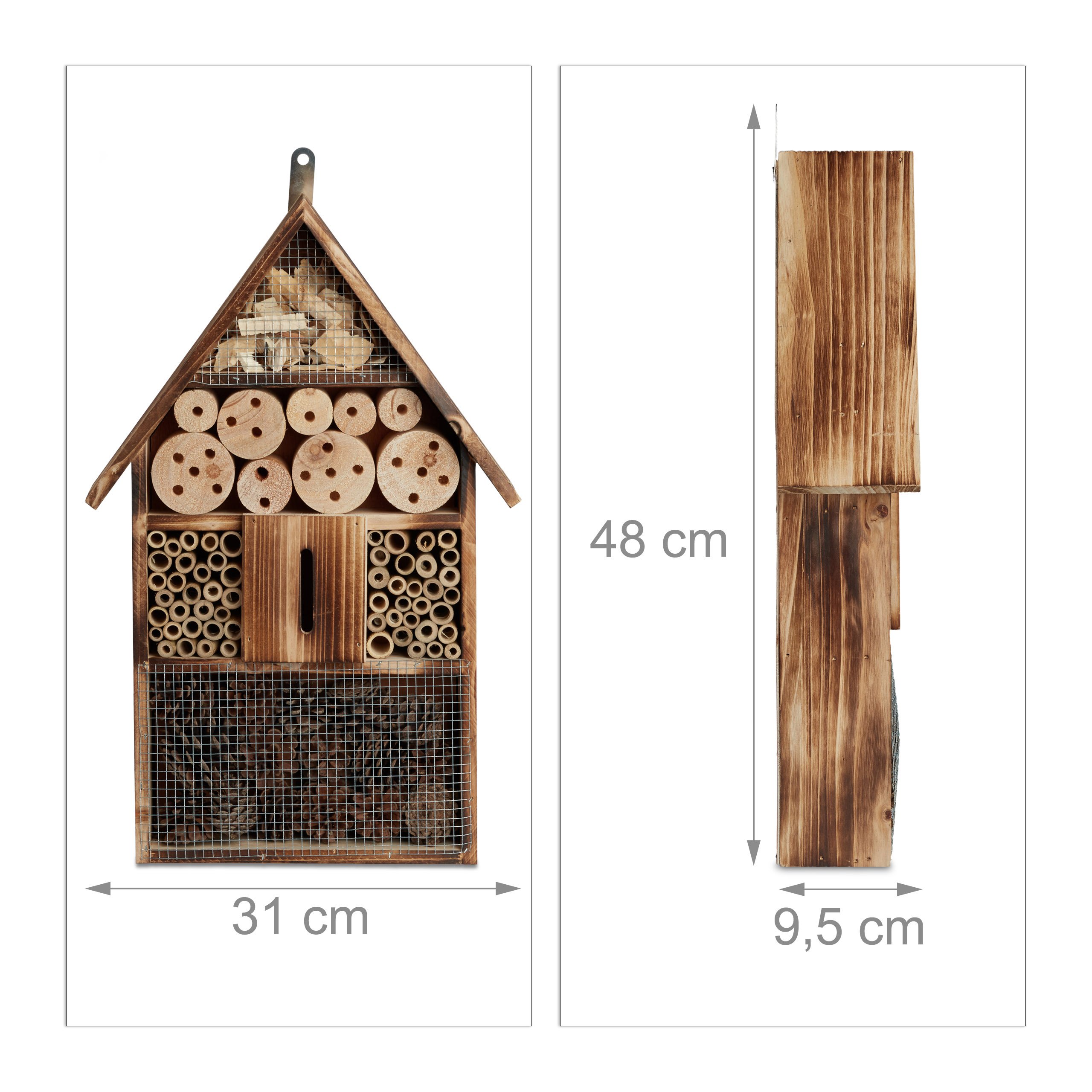 Relaxdays Hotel de Insectos, Casa para Bichos de Jardín, Casita Abejas y Mariquitas, Madera Efecto Quemado, Natural