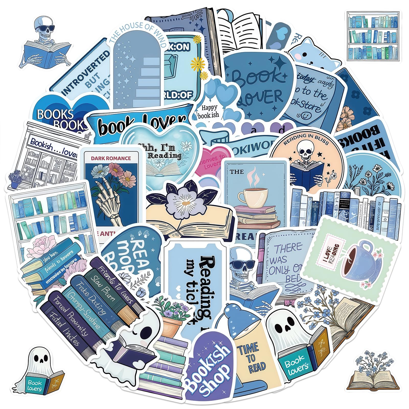 Buxiugan Blue-Book Stickers 50Pcs Romance Book Stickers For Kindle,Holographic Bookish Reading Booktok Aesthetic Stickers Pack For Books, Water Bottles, Laptops, Book Lover Sticker Accessories Gifts For Kids Teens Adults(Blue)