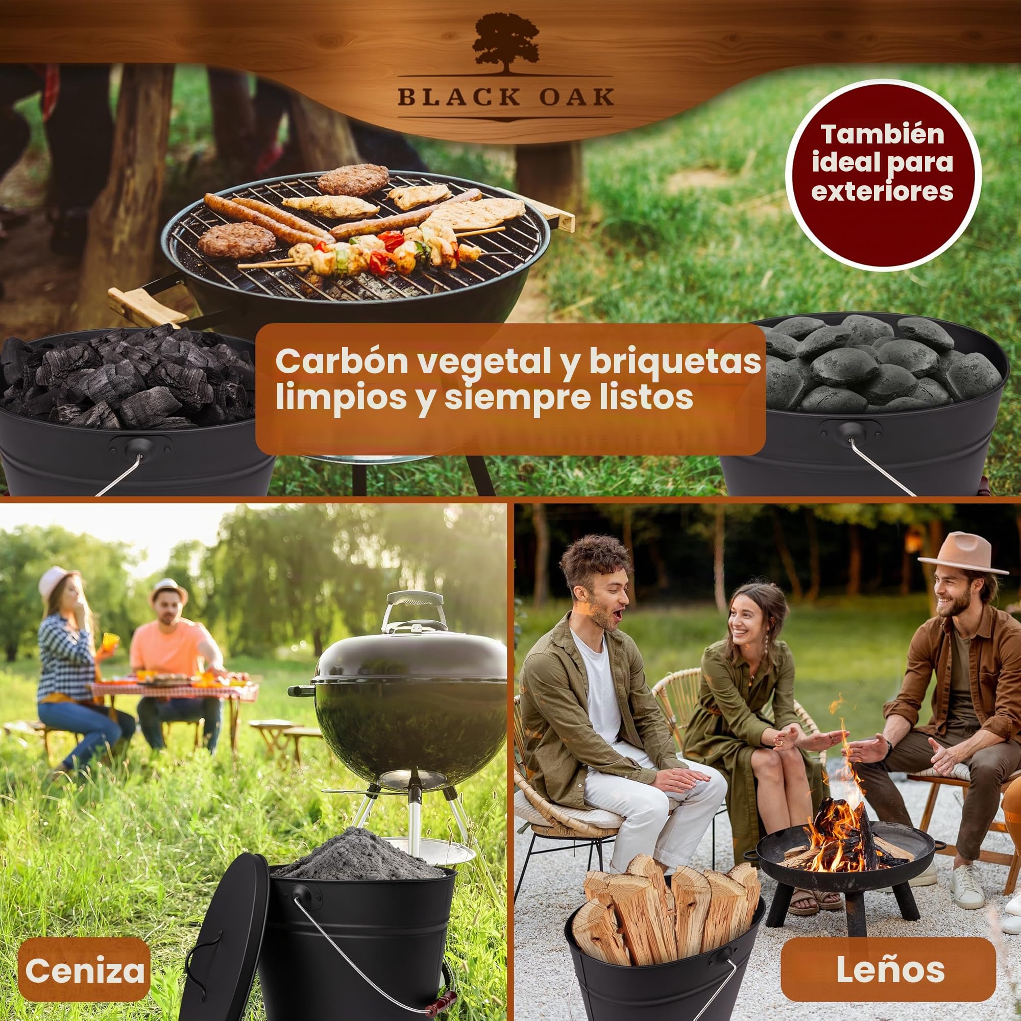 BLACK OAK Ascheeimer Vesuvio 15L – negro ovalado con tapa - grande 15 litros - acero resistente al fuego galvanizado y con recubrimiento en polvo, cubo para cenizas y carbón, accesorio ideal para