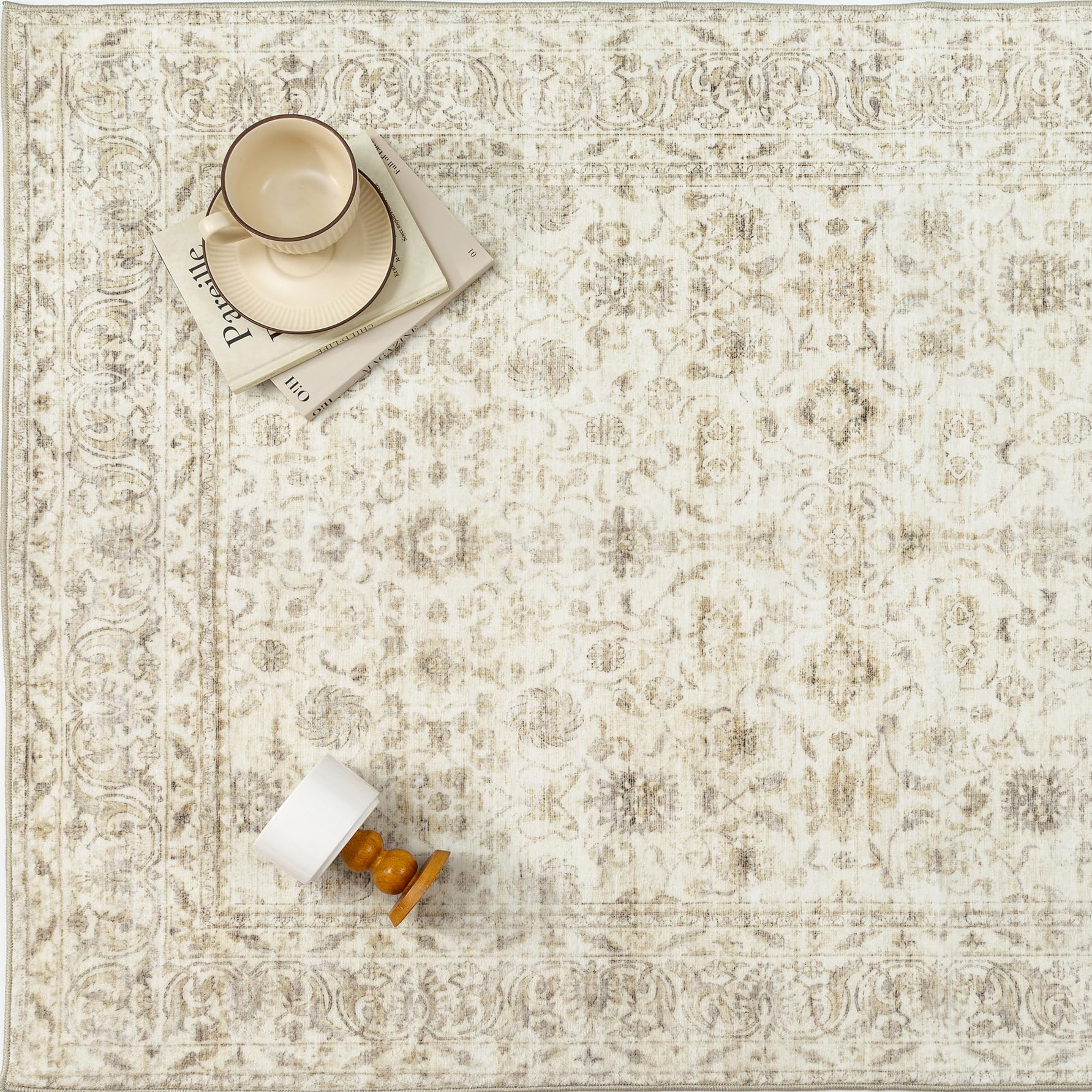 PureCozy 8x10 Area Rug Machine Washable Living Room Bedroom Vintage Distressed Non Slip Carpet Indoor Large Low Plie Thin Beige Dining Room Office Retro Accent Throw Rug: 8' x 10' (Rectangular) Accent | Beige