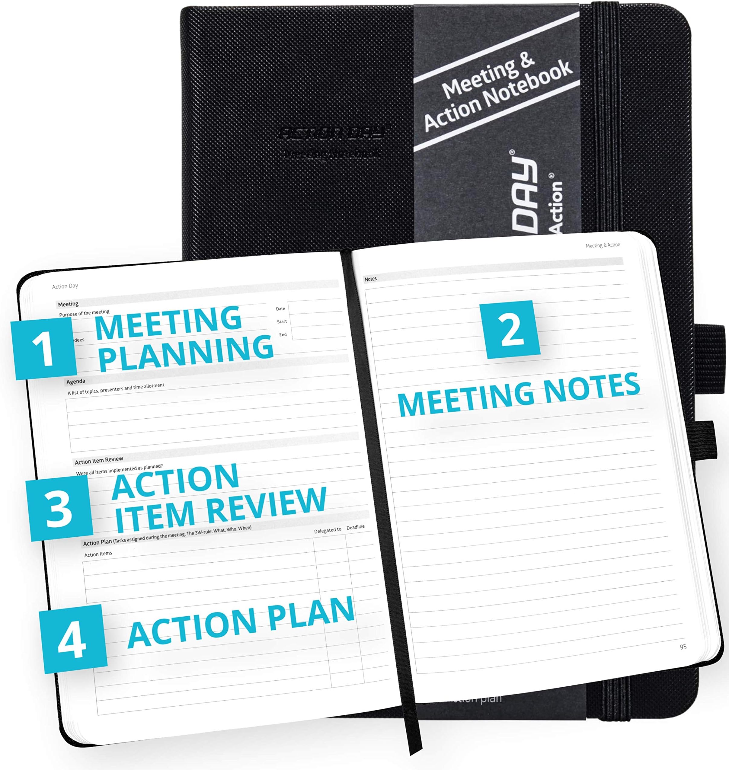Meeting Notebook, Design That Makes It Easy for You to Run Effective Meetings & Take Meeting Notes & Turn Them into Actions, Journal, Agenda, Hardcover, Pocket, Thick Paper (7x9, Black)