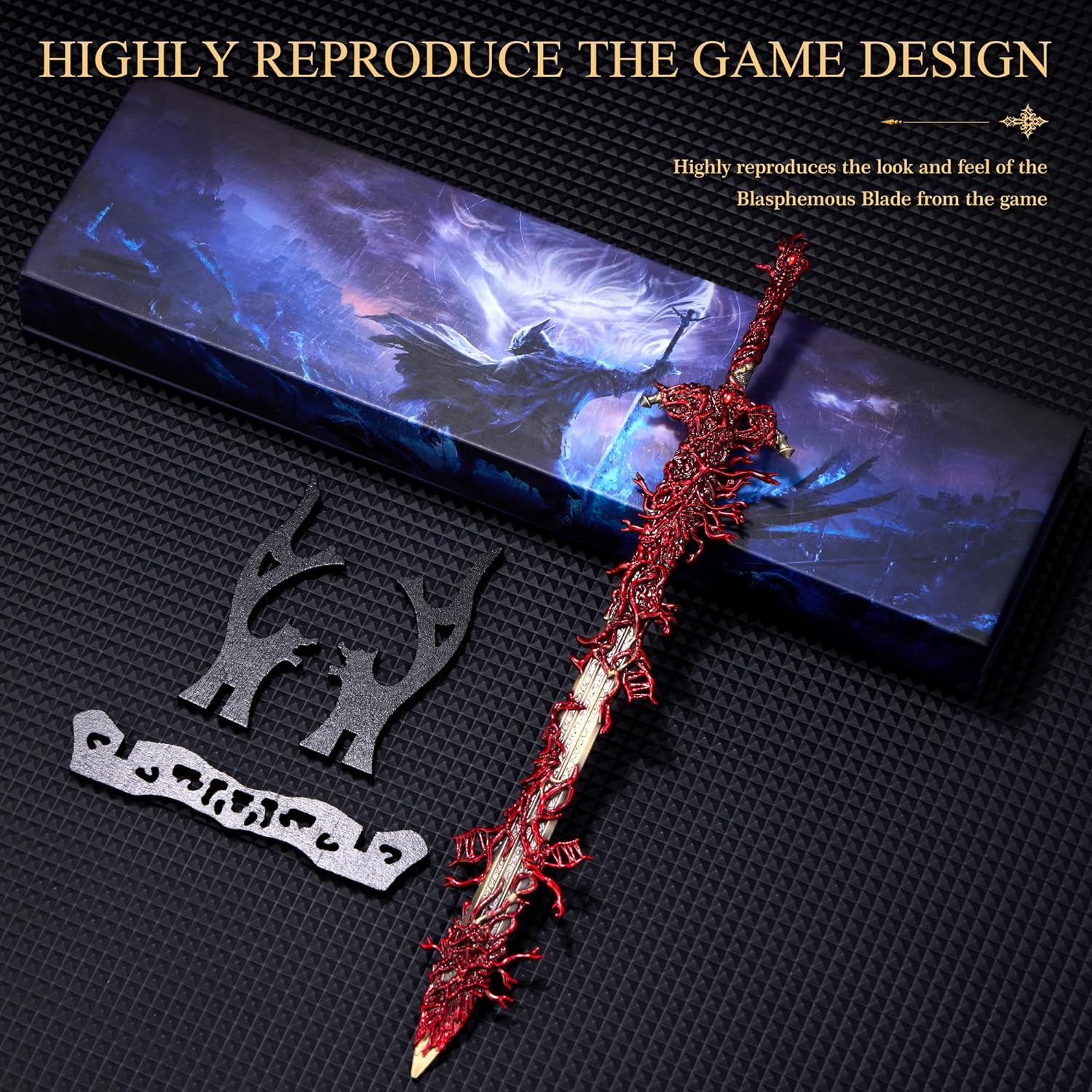 Eldens Rings Blasphemous Blade Replica 11.8 inch Full Metal Sword Model with Stand, Martial Arts Swords for Gaming Collectable Desk Decoration and Gift for Fans and Collectors