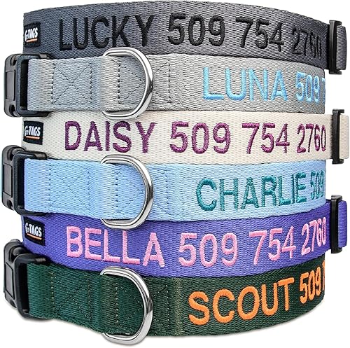 GoTags Collar de perro personalizado, collar de identificación de mascota bordado personalizado con nombre de mascota y número de teléfono,