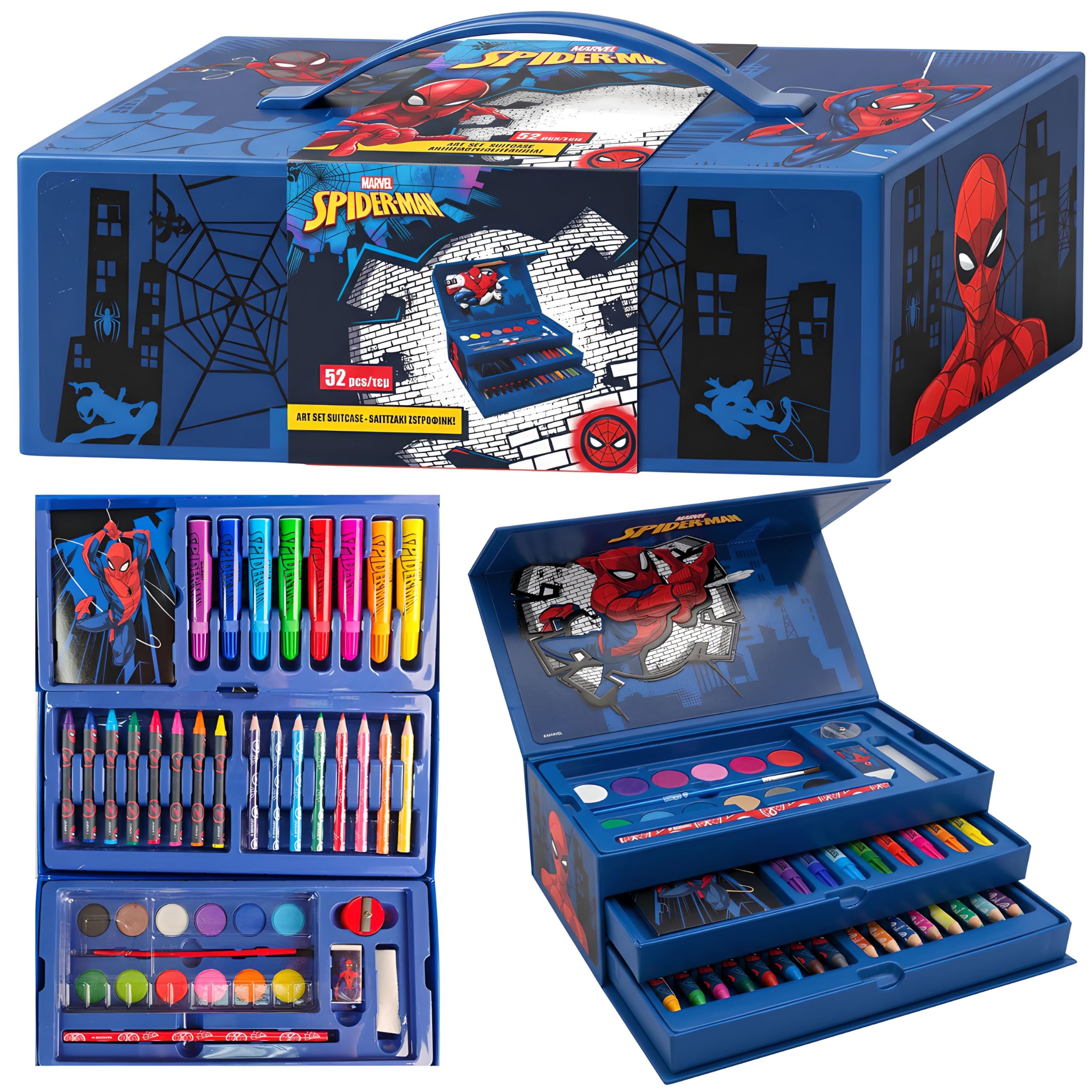 Marvel Spider-Man 52-Piece Deluxe Colouring Art Box for Kids | Portable Art Kit with Markers, Crayons, Colour Pencils & More | Creative Drawing & Coloring Set | Gift for Boys & Girls