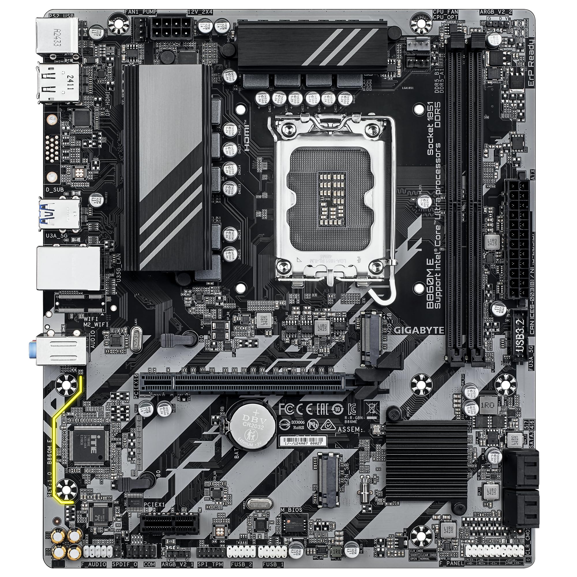 GIGABYTE Płyta główna B860M E - Procesory z serii Intel Core Ultra, 4+1+2 fazy VRM, do 8800 MHz DDR5 (O.C), 2xPCIe 4.0 M.2, 1 GbE LAN, USB 3.2 Gen 1