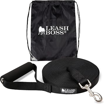 Leash Boss Free Range - Long Dog Leash for Large Dogs + Drawstring Backpack - 1 Inch Nylon Training Lead with Padded Handle (