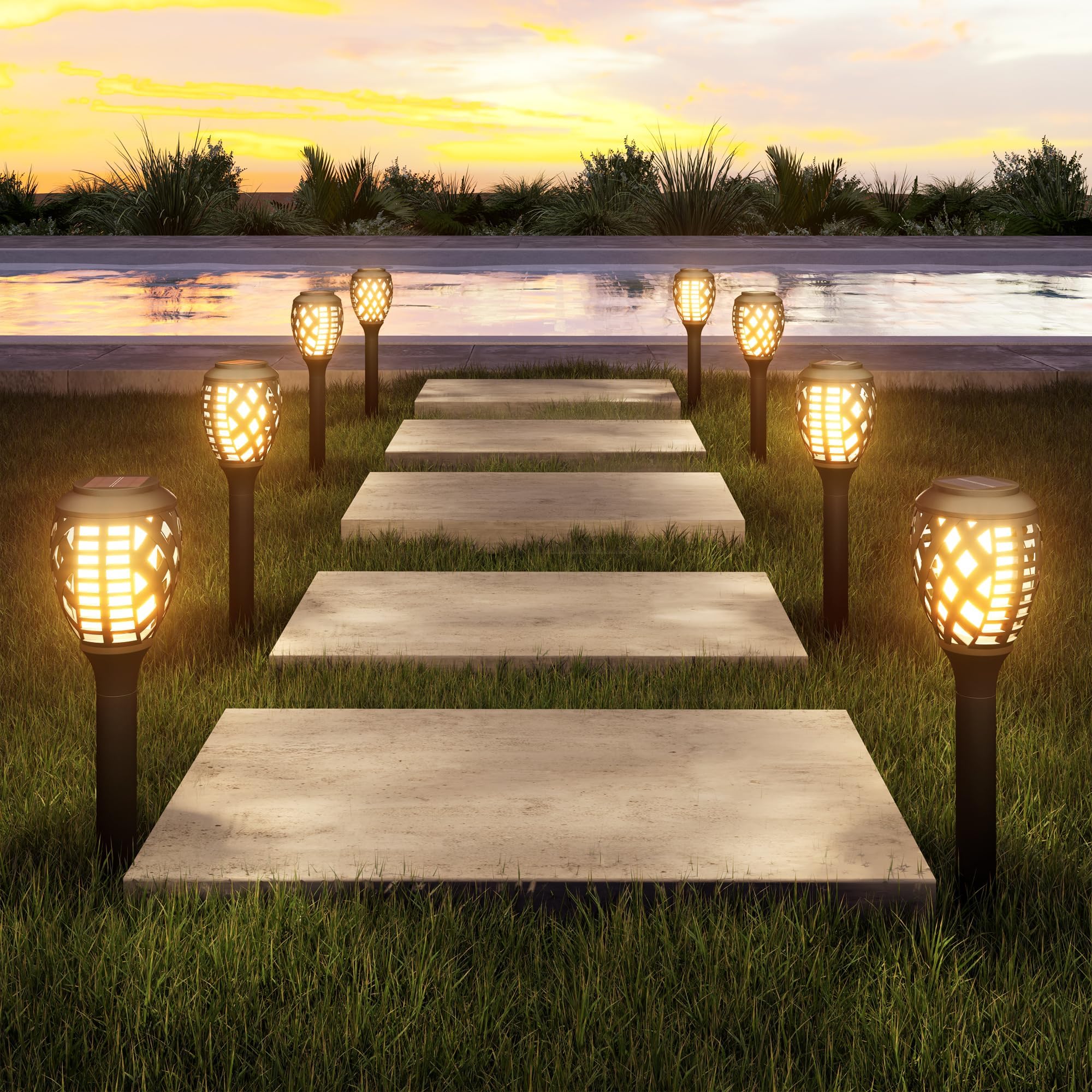 14/mo - Finance TomCare Solar Outdoor Lights Metal Flickering Flame Torches Waterproof Heavy Duty Pathway Landscape Lighting Dusk To Dawn Auto On/Off For Garden Patio Yard, 4 Pack | Buy Now, Pay Later
