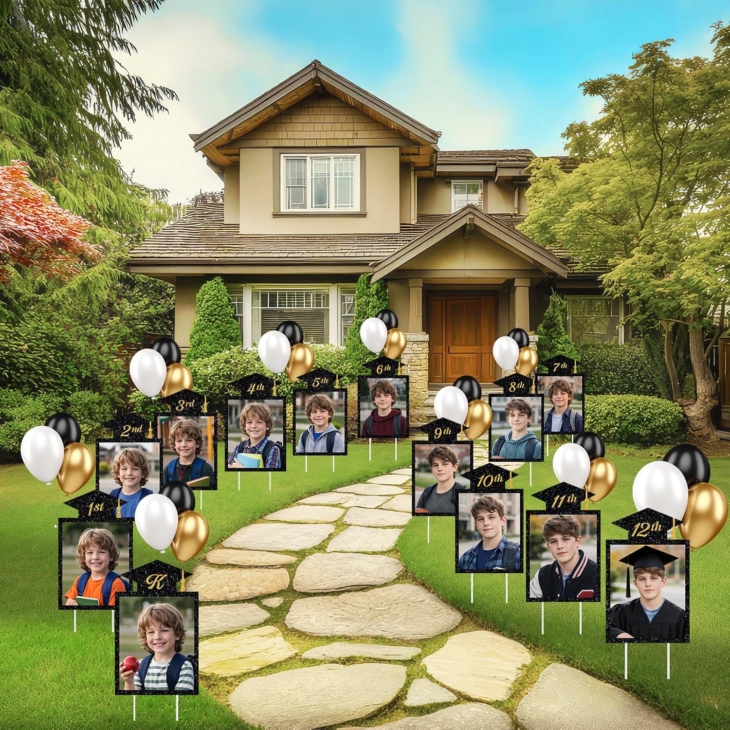 13 Pcs K-12 Graduation Yard Sign Decorations, 2026 Black&Gold Grade Photo Display Kindergarten to 12th Picture Board for Outdoor Lawn Yard Graduation Party Decorations Supplies