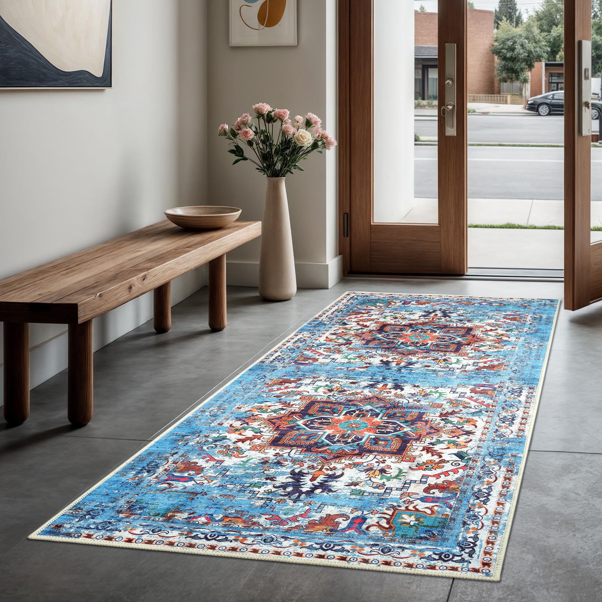 GLN Rugs Traditional Collection - Machine Washable Area Rug, Traditional Washable, Non Slip, Low Pile Chenille Rug, Living Room, Bedroom, Kitchen Rug