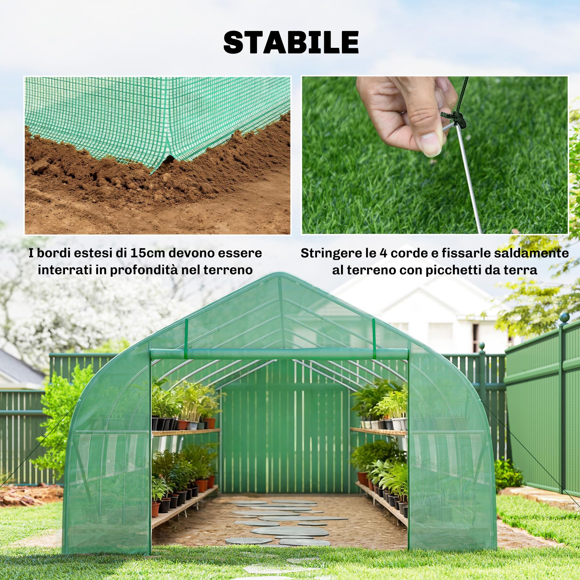 Outsunny Serra da Giardino a Tunnel 8x3x2 m con Porta Avvolgibile, Serra per Orto a Punta con 12 Finestre, Copertura in PE e Struttura in Acciaio, Verde