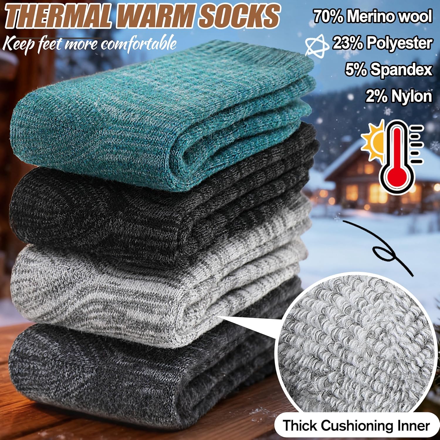 EBMORE Merino Wool Thermal Warm Socks Thick Winter Hiking Cozy Crew Comfy Cushioning Socks 4 Pairs for Women Men - Image 3