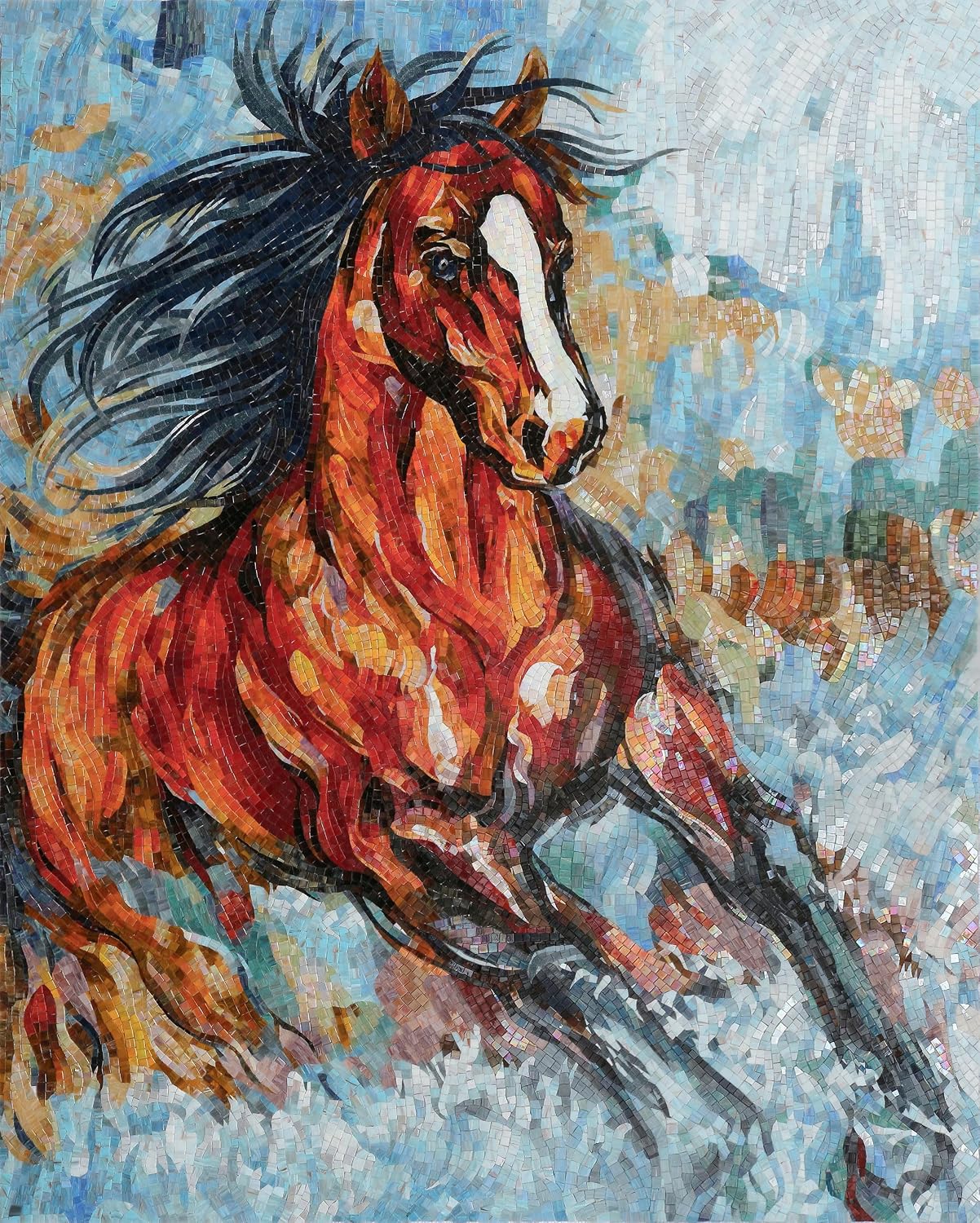 Handmade Galloping Horse Glass Mosaic Wall Art – Hand-Cut Equine Tile Mosaic Tile Artwork for Rustic Interior Wall Décor